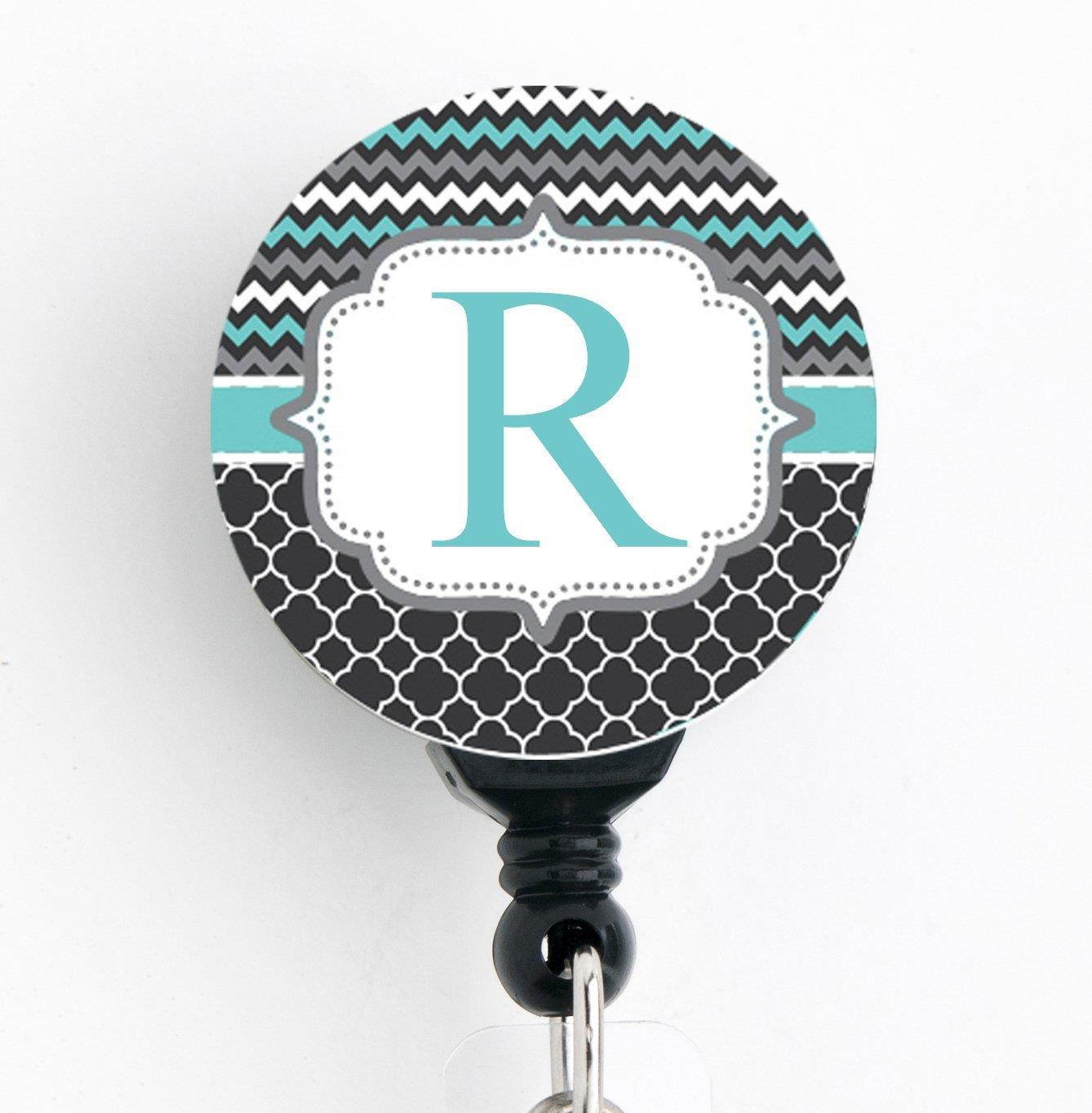 R Initial Chevron Trellis - Retractable Badge Reel With Swivel Clip and Extra-Long 34 inch cord - Badge Holder