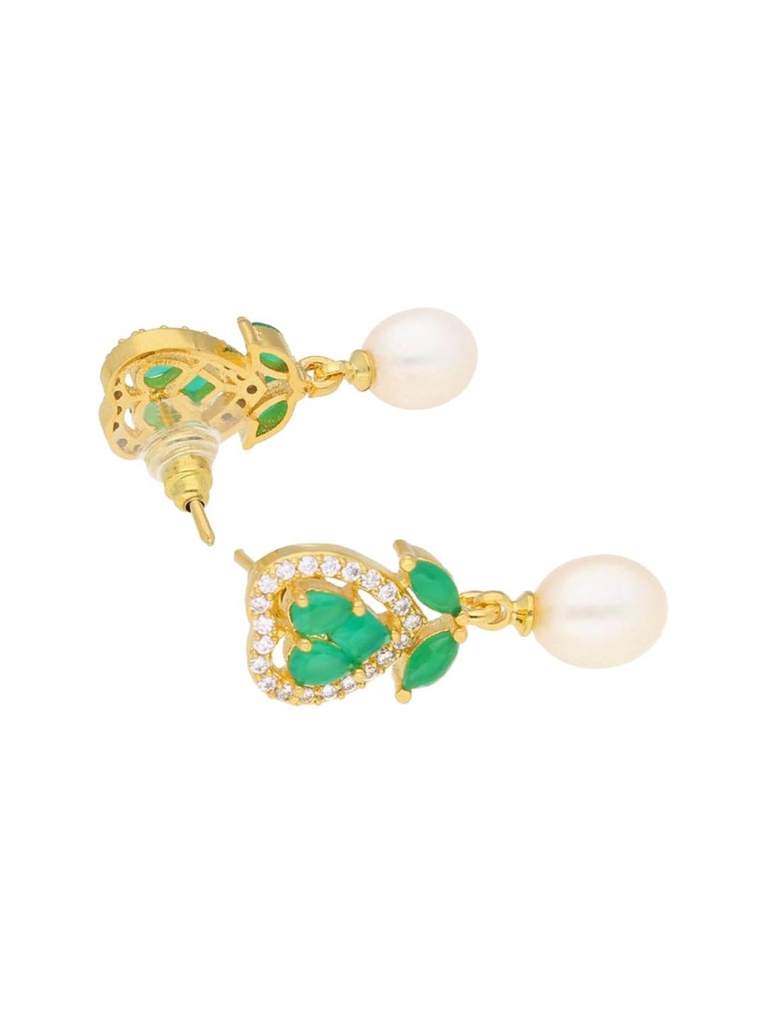 Sri Jagdamba Pearls Theertha Green & Pearl White Alloy Drop Earrings