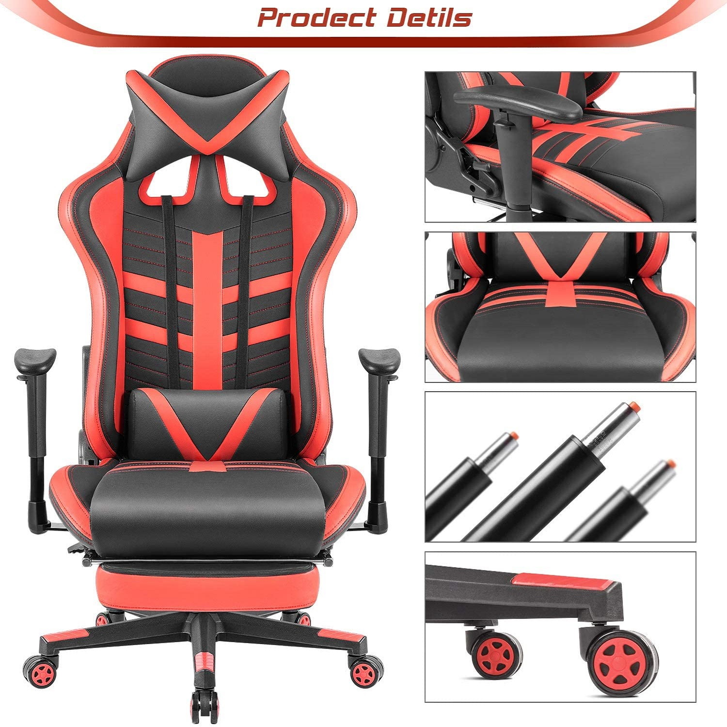 Homall Gaming Chair with Thickened Footrest Ergonomic Swivel Racing High-Back Bucket Seat, Premium PU Leather, Reclining, Hydraulic Height Adjustment, Lumbar Support, Adjustable Armrest (Red)