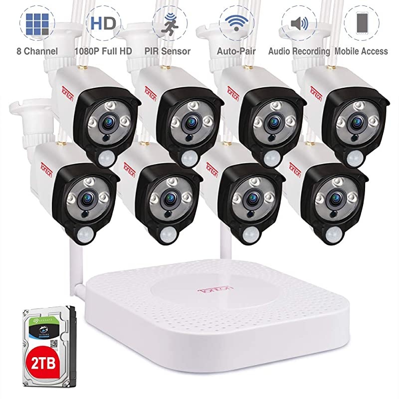 3MP & 2 Way Audio]  Ultra HD Security Camera System Wireless,8CH NVR Recorder with 2TB HDD and 8PCS 3MP Outdoor Bullet Cameras with PIR Sensor,Floodlight,Plug and Play,Easy Installation(White)