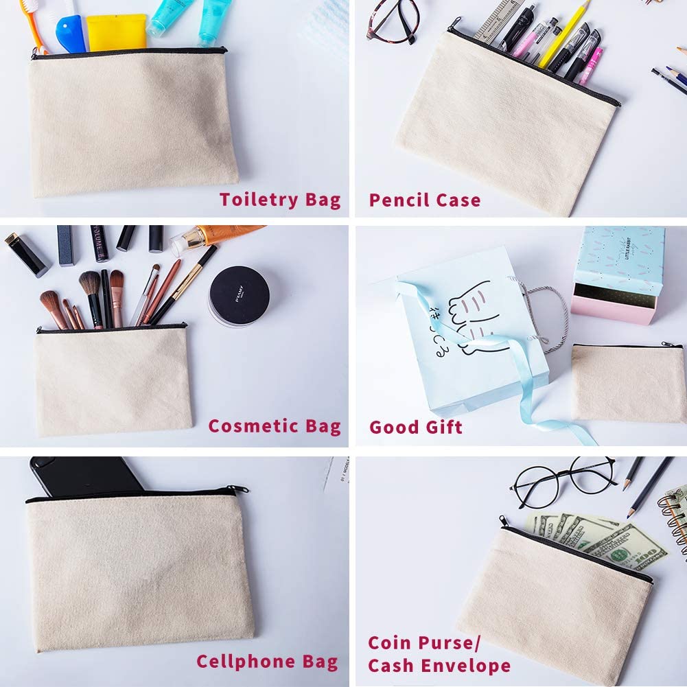 12 Pack Canvas Pencil Pouch DIY Craft Blank Makeup Bags with Zipper Bulk Multipurpose Cosmetic Travel Toiletry Bag 8 x 5 inches