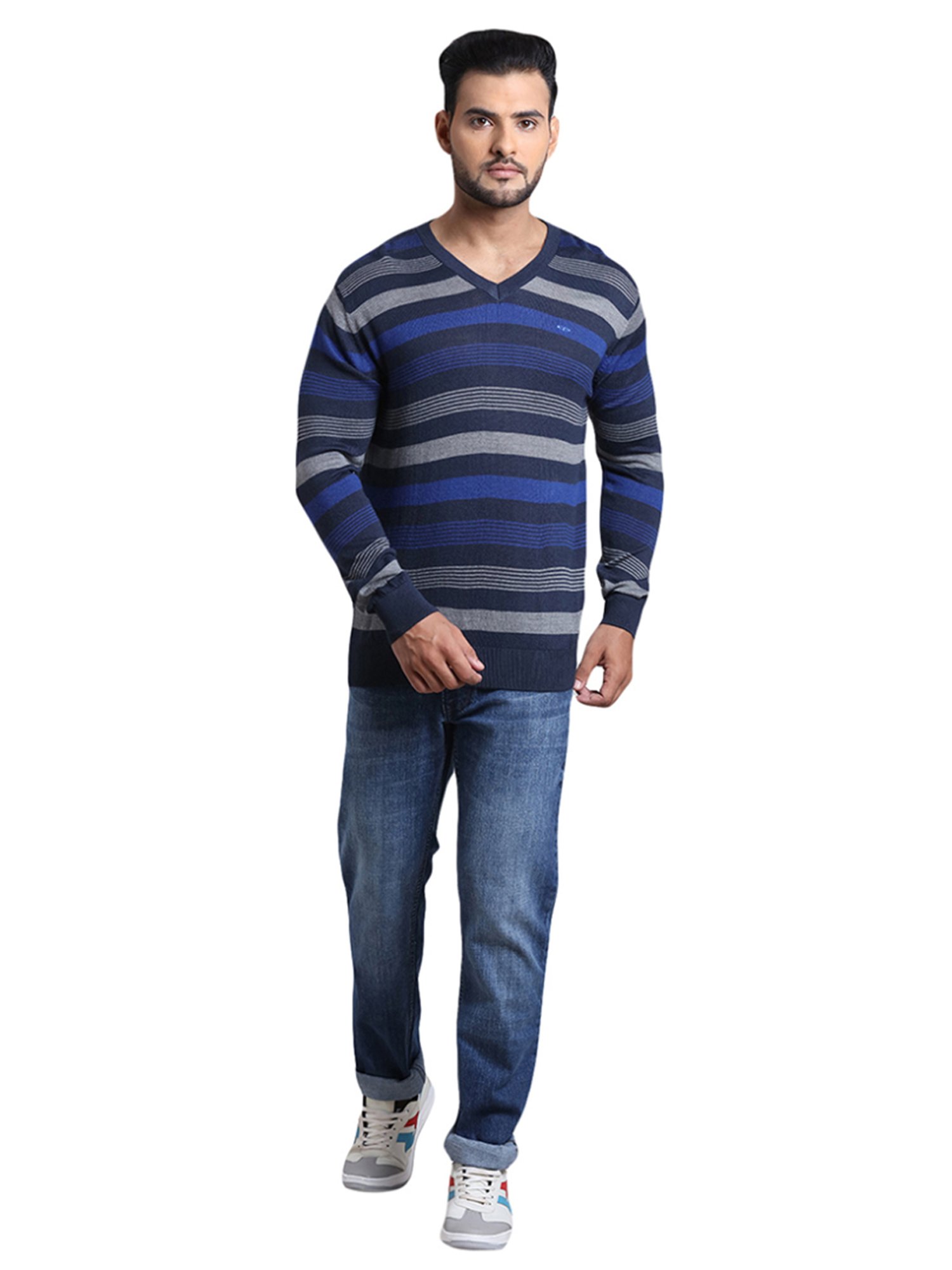 ColorPlus Blue Tailored Fit Striped Sweater