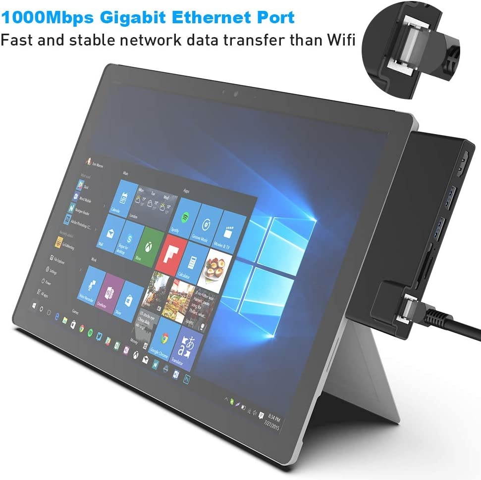 Surface Pro 4/ Pro 5/ Pro 6 Hub, Surface Pro Docking Station with 4K HDMI Adapter, 1000Mbps Ethernet, 2 USB 3.0 and SD/TF Card Reader Combo Dock for Microsoft Surface Pro 4/ Pro 5/ Pro 6
