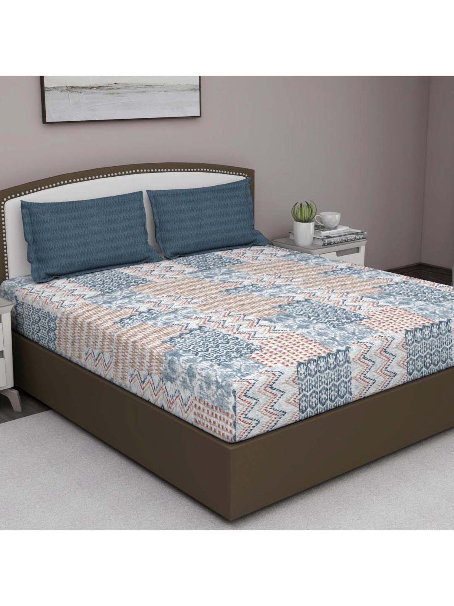 GM Blue & Orange 100% Cotton 180 TC Queen Bedsheet Set