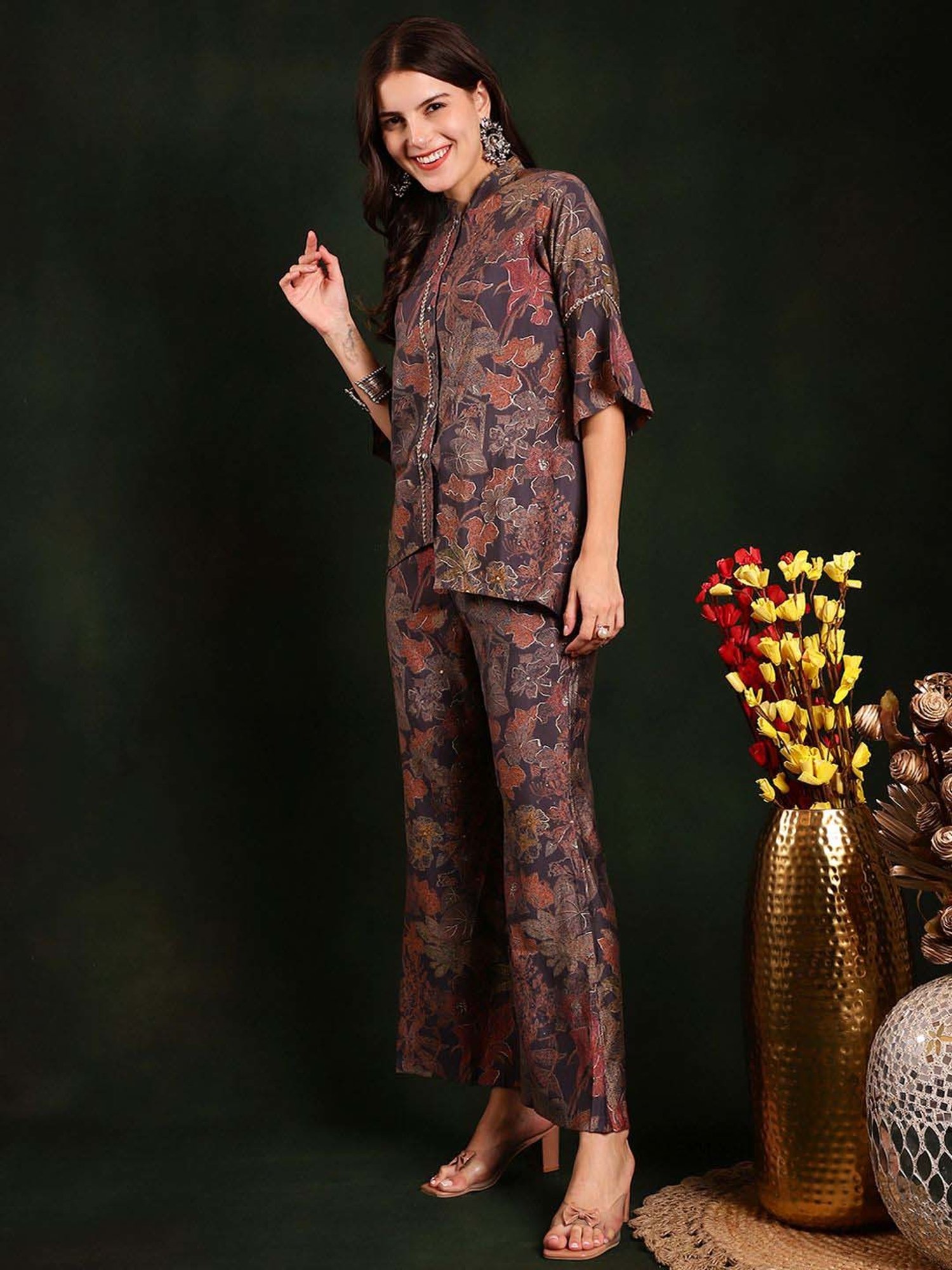 Claura Grey Printed Top Pant Set