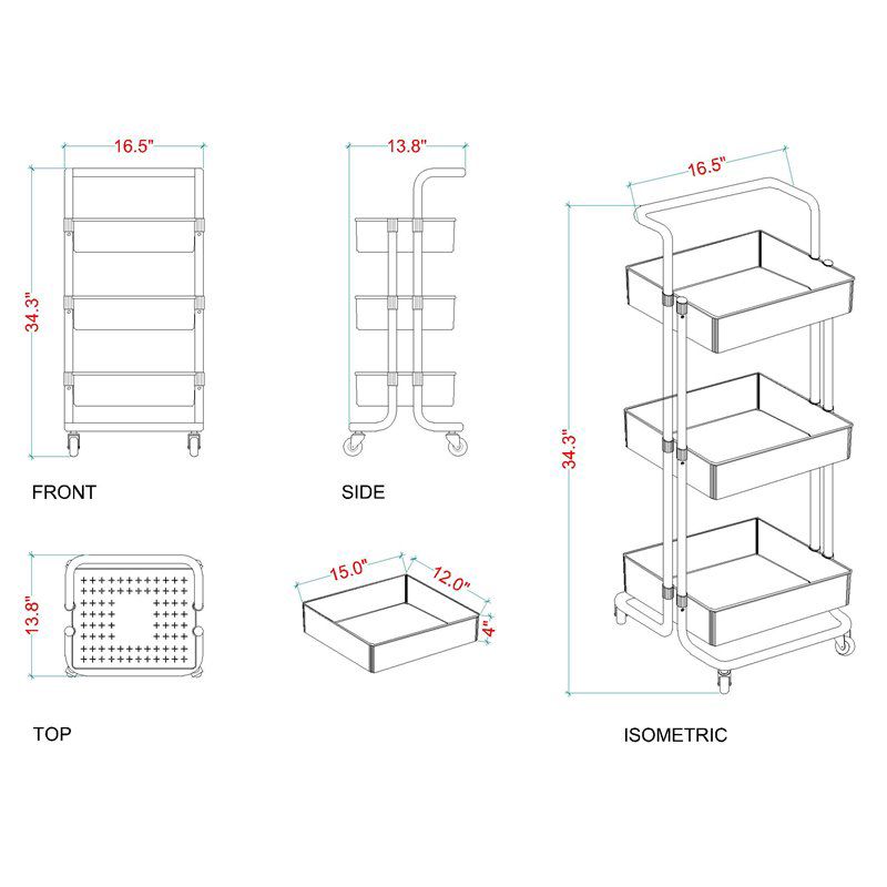 Pemberly Row 3 Tier Rolling Utility Cart with Storage in Black