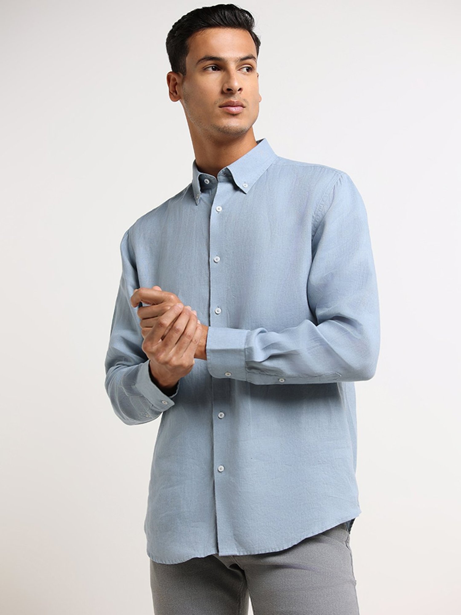 Ascot by Westside Blue Linen Blend Relaxed Fit Shirt