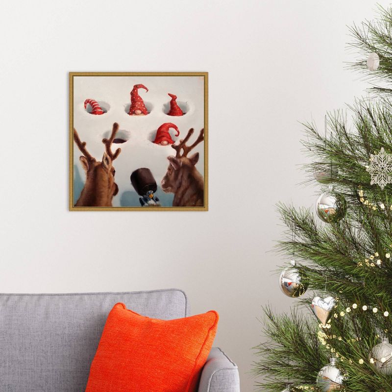 16" x 16" Whack-An-Elf Reindeer Games by Lucia Heffernan Framed Canvas Wall Art - Amanti Art