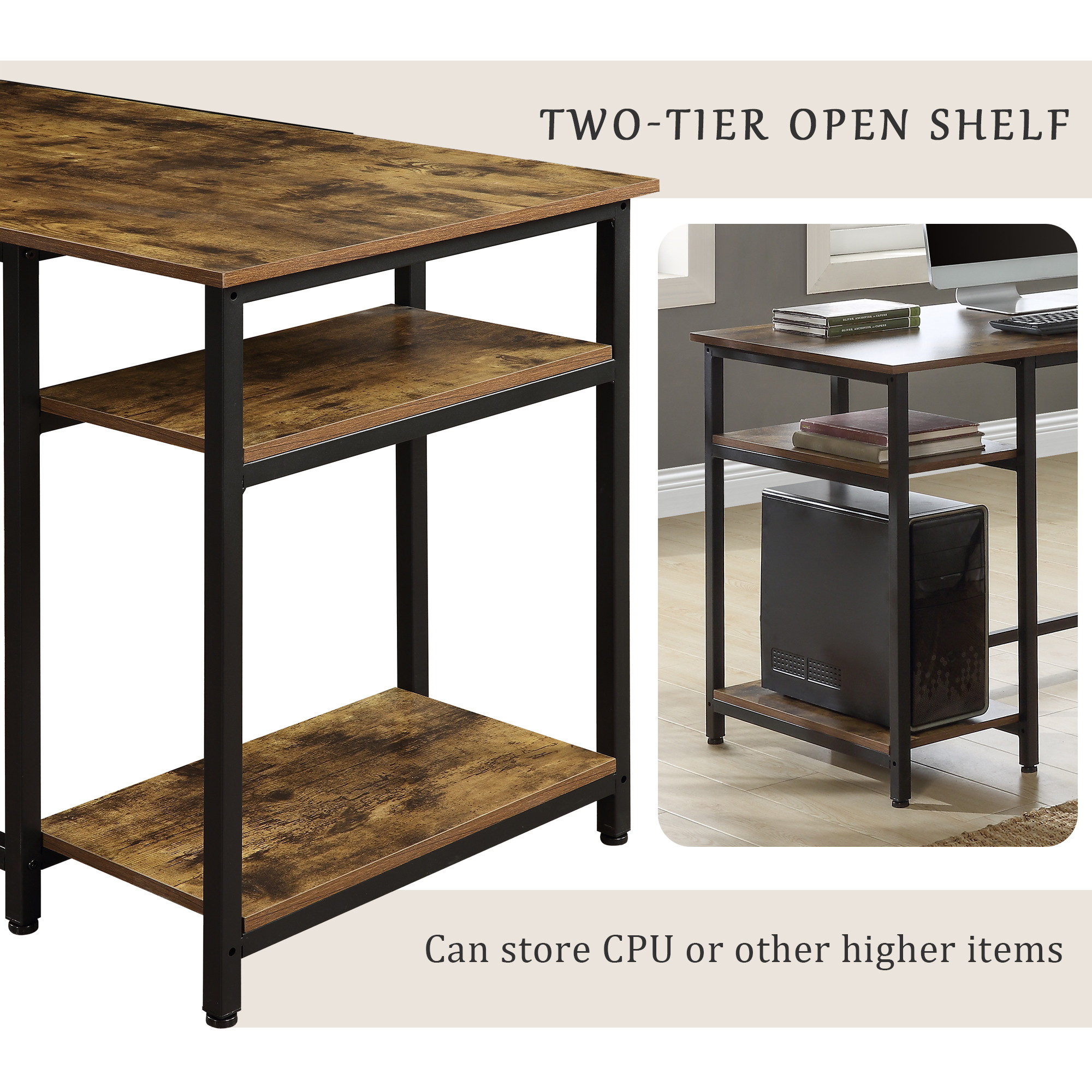 Home Office Computer Desk Large Office Desk Study Writing Table Workstation Gaming Desk with 5 Tier Storage Shelves,Corner Bookshelf and Tower Shelf ,Brown