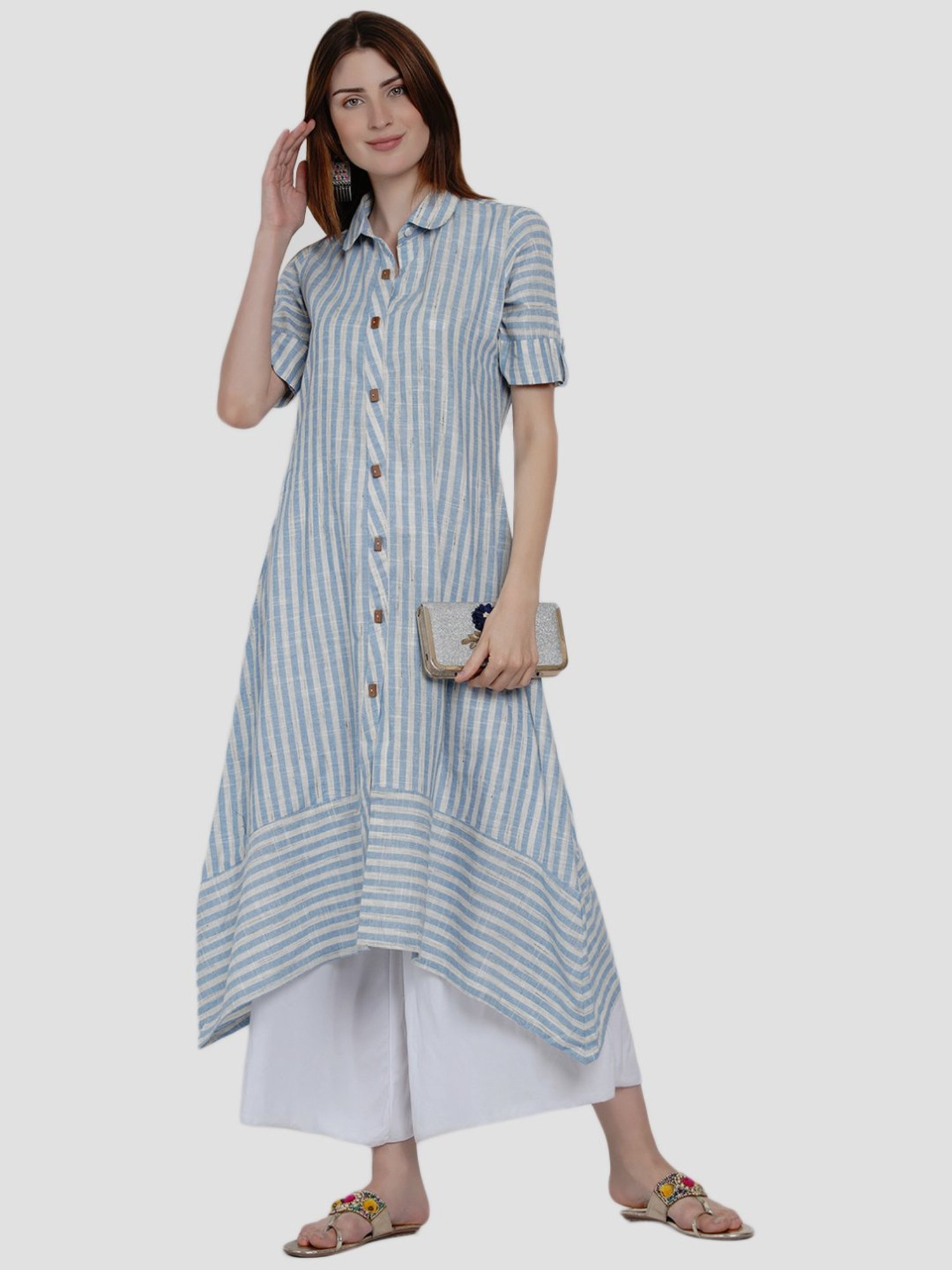 Women Republic Blue Cotton Striped A Line Kurta