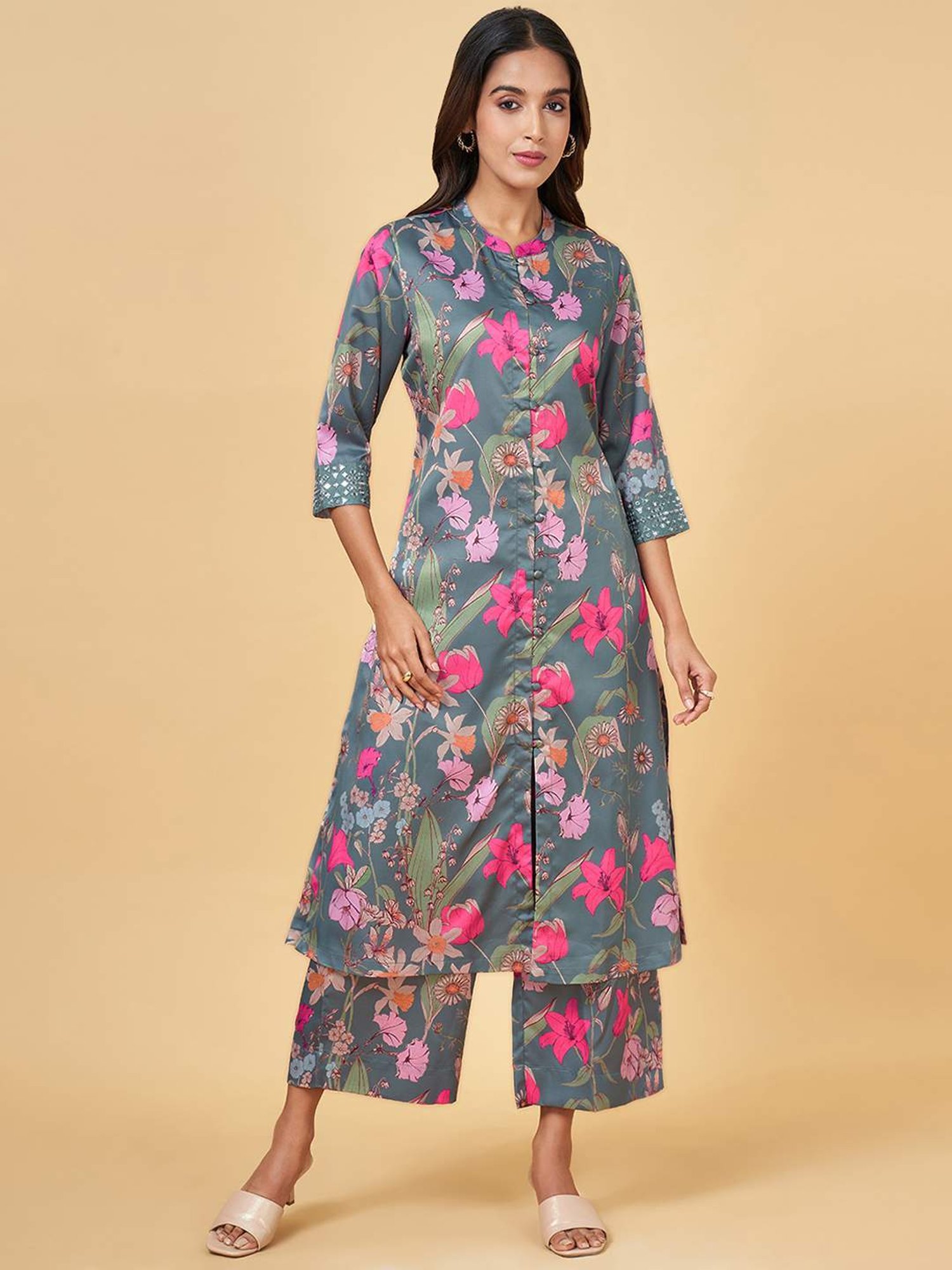 Rangmanch by Pantaloons Grey Printed Kurta Palazzo Set
