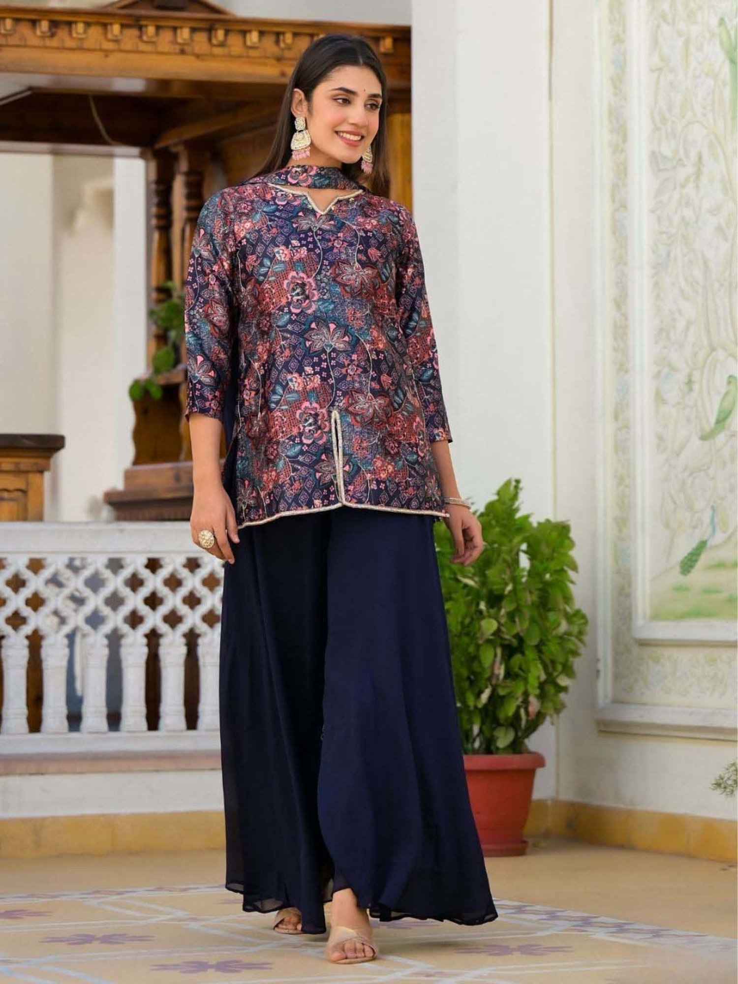 Odette Blue Printed Kurti & Palazzo Set With Dupatta