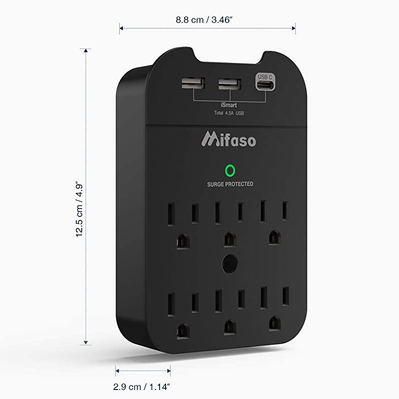 Outlet Surge Protector Power Strip Multi Plug Outlet Extender 6Outlets 3 USB 45A Mountable Adapter with Type C Port Phone Holder for Office Home Christmas Gift490 Joules Black