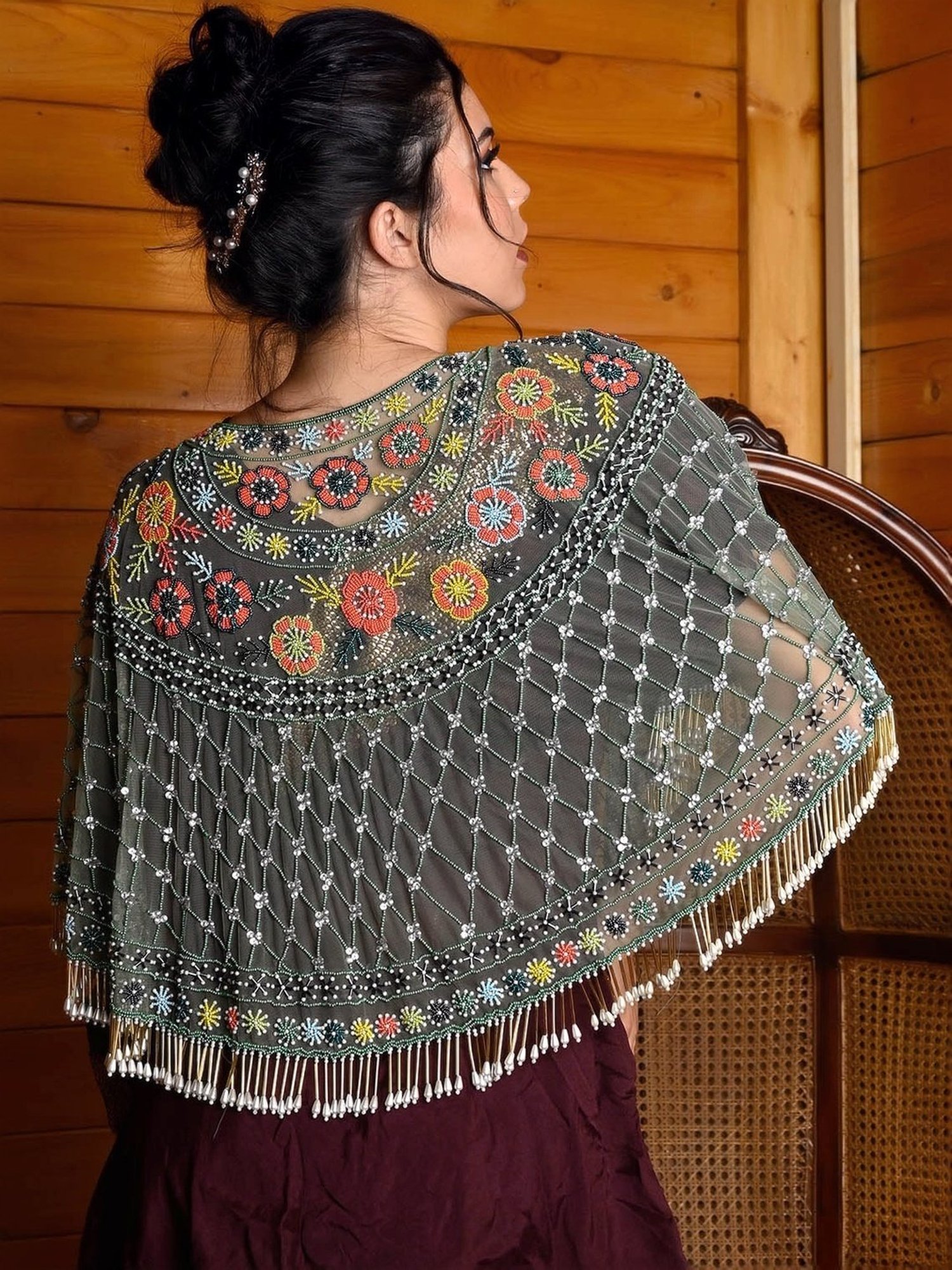 Odette Green Embellished Fancy Cape