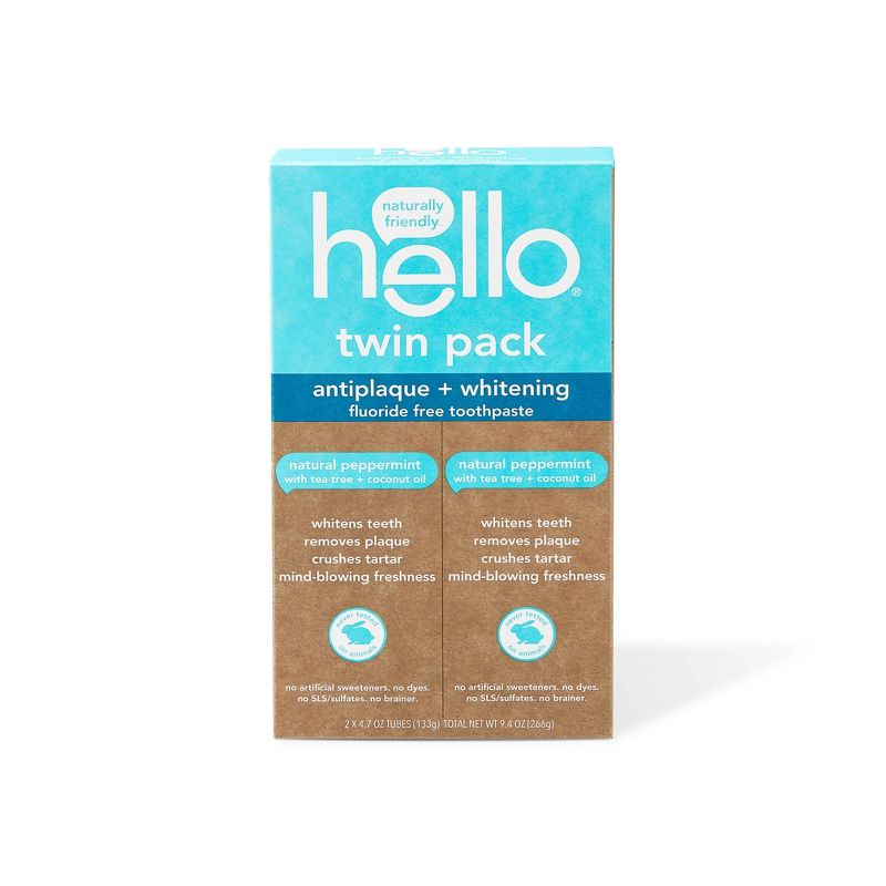 hello Antiplaque + Whitening Toothpaste - Natural Peppermint Vegan & SLS Free - 9.4oz/2pk
