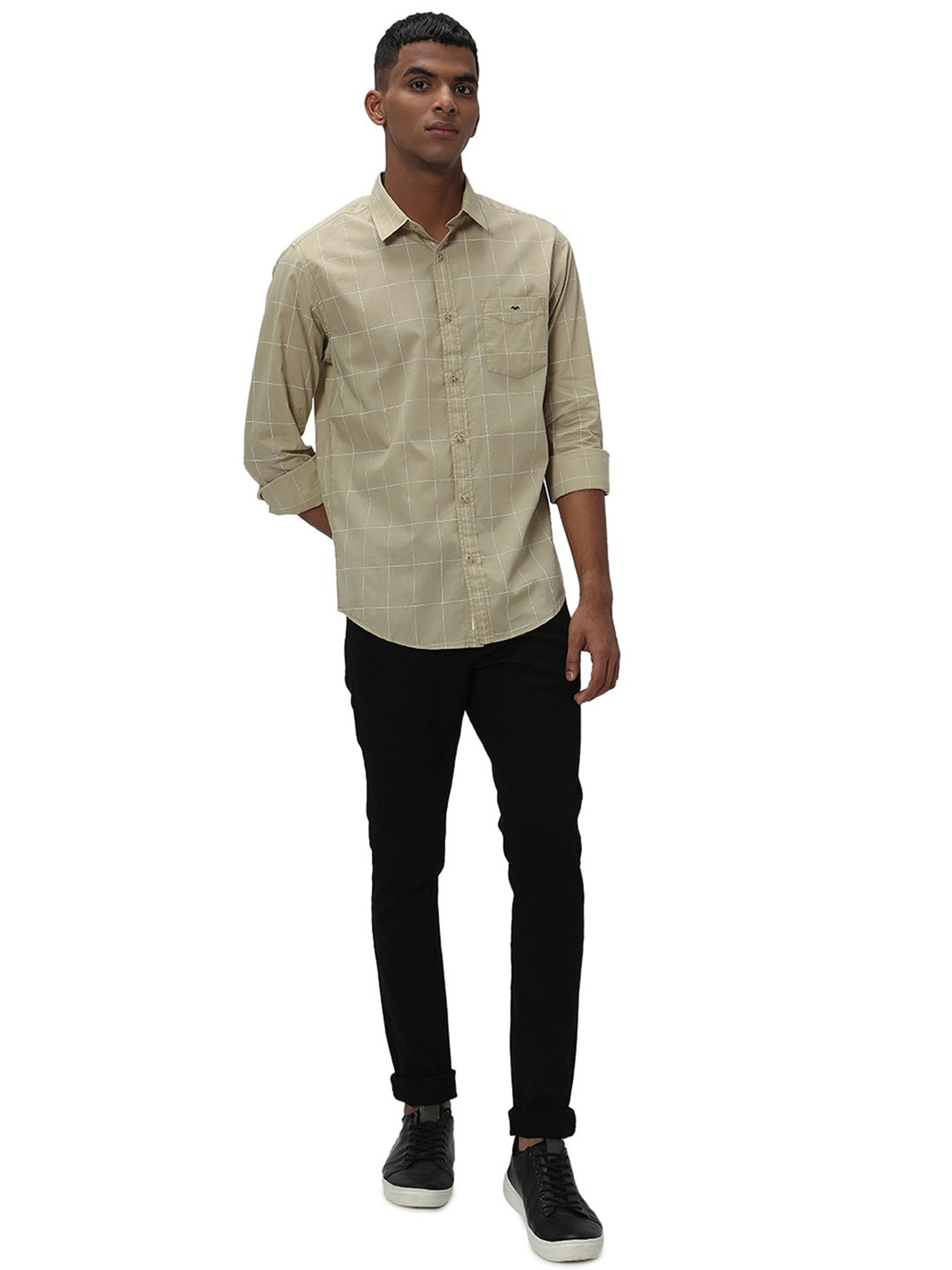 Mufti Light Khaki Slim Fit Check Cotton Shirt