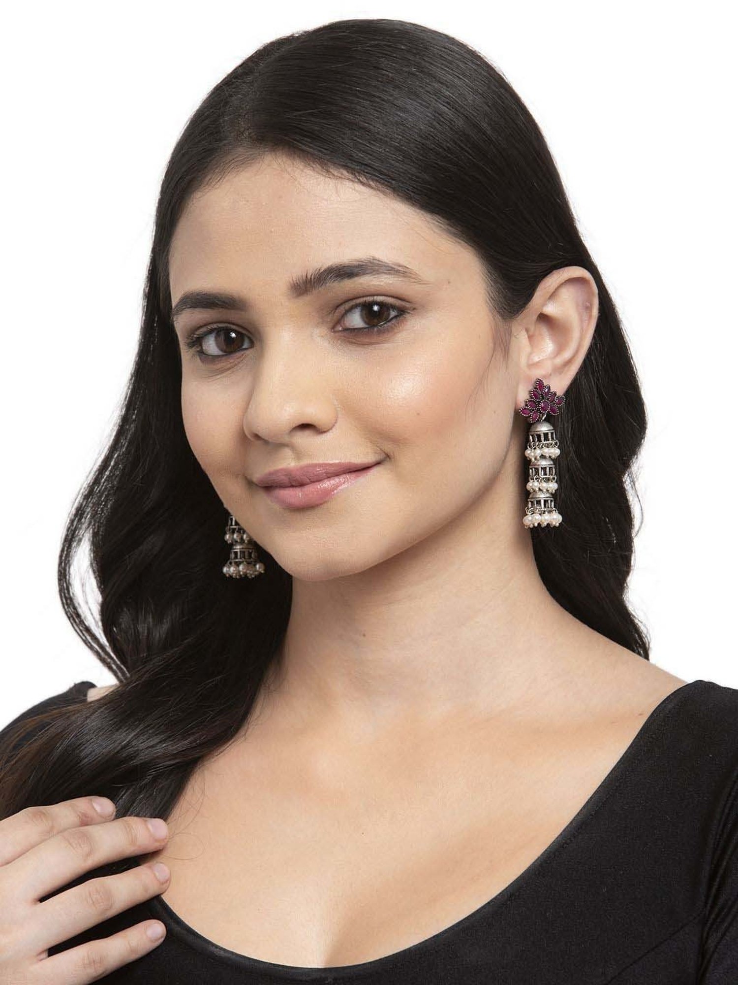 Panash Silver-Plated & Pink Oxidised Layered Jhumki Earrings