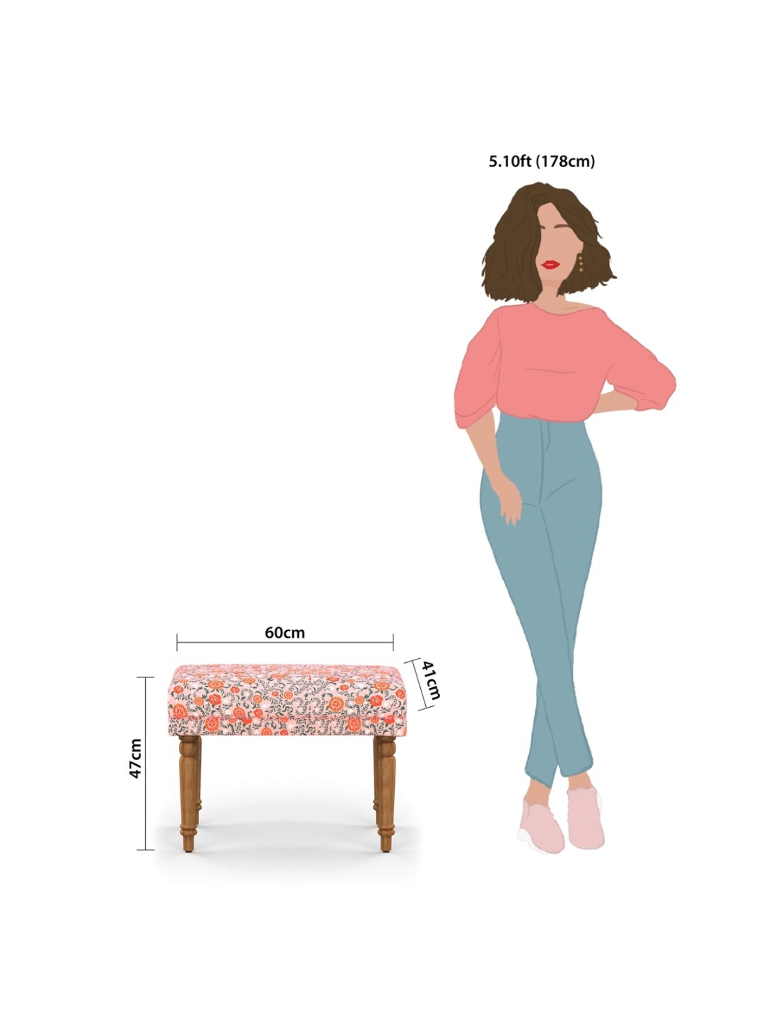 Chumbak Nawaab Earthy Floral Pink Peach Sheesham Wood Small Bench