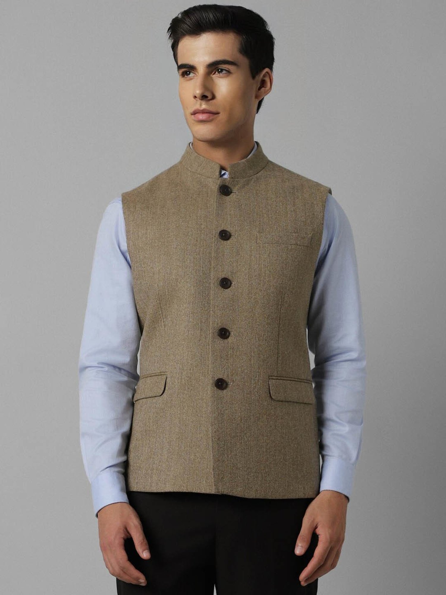 Louis Philippe Khaki Slim Fit Texture Nehru Jacket