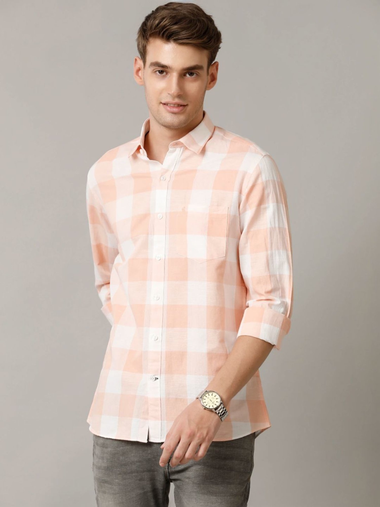 Cavallo By Linen Club Orange Linen Contemporary Fit Checks Shirt