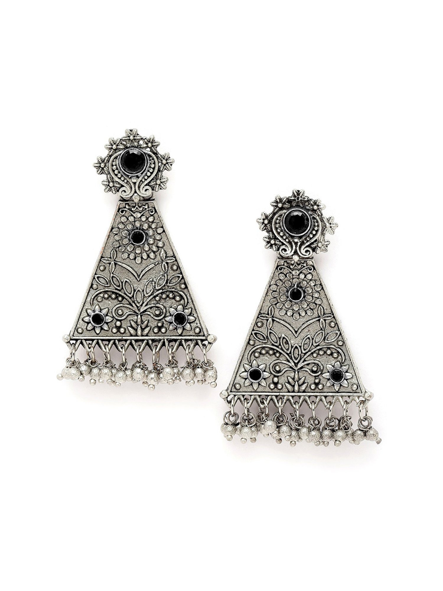 Karatcart Oxidised Silver Black Stone Floral Design Drop Earring for Women