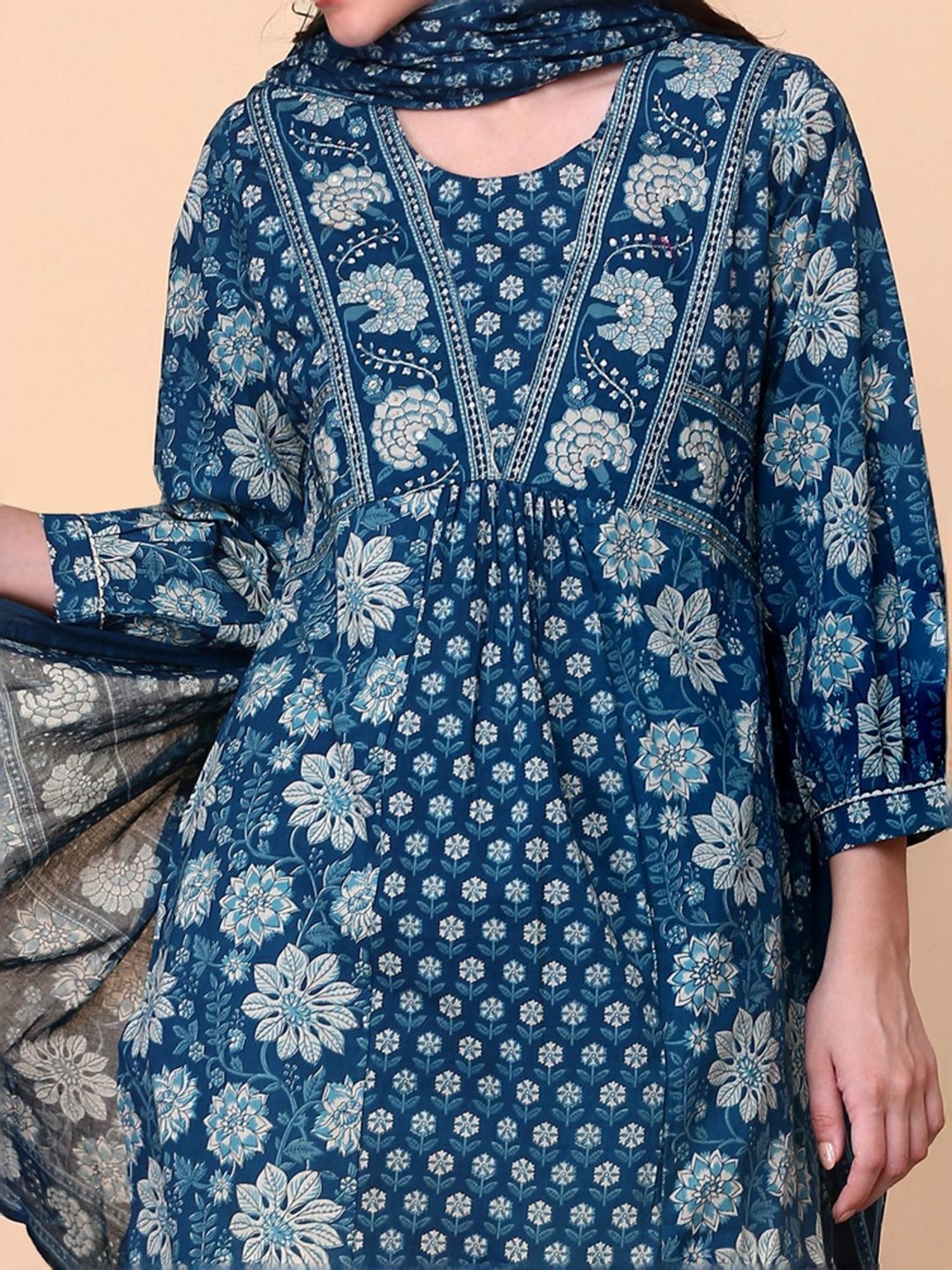 Ishin Blue Floral Print Kurta & Pants Set with Dupatta