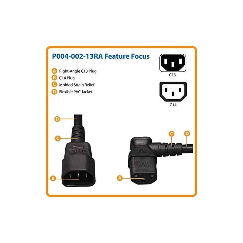 Standard Computer Power Extension Cord 10A, 18AWG (IEC-320-C14 to Right AngleIEC-320-C13) 2-ft.(P004-002-13RA) , Black