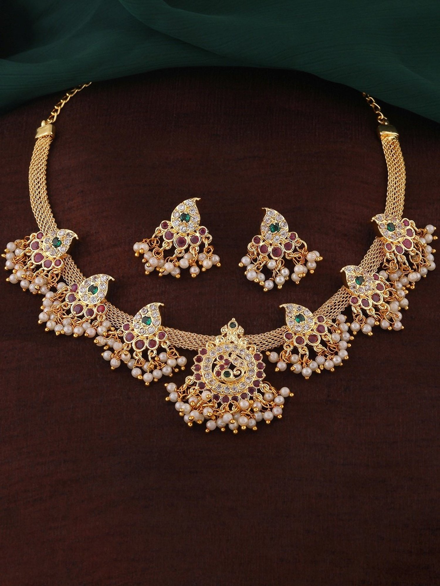 Estele Gold-Plated CZ Glorious Designer Necklace Set with Pearls for Women