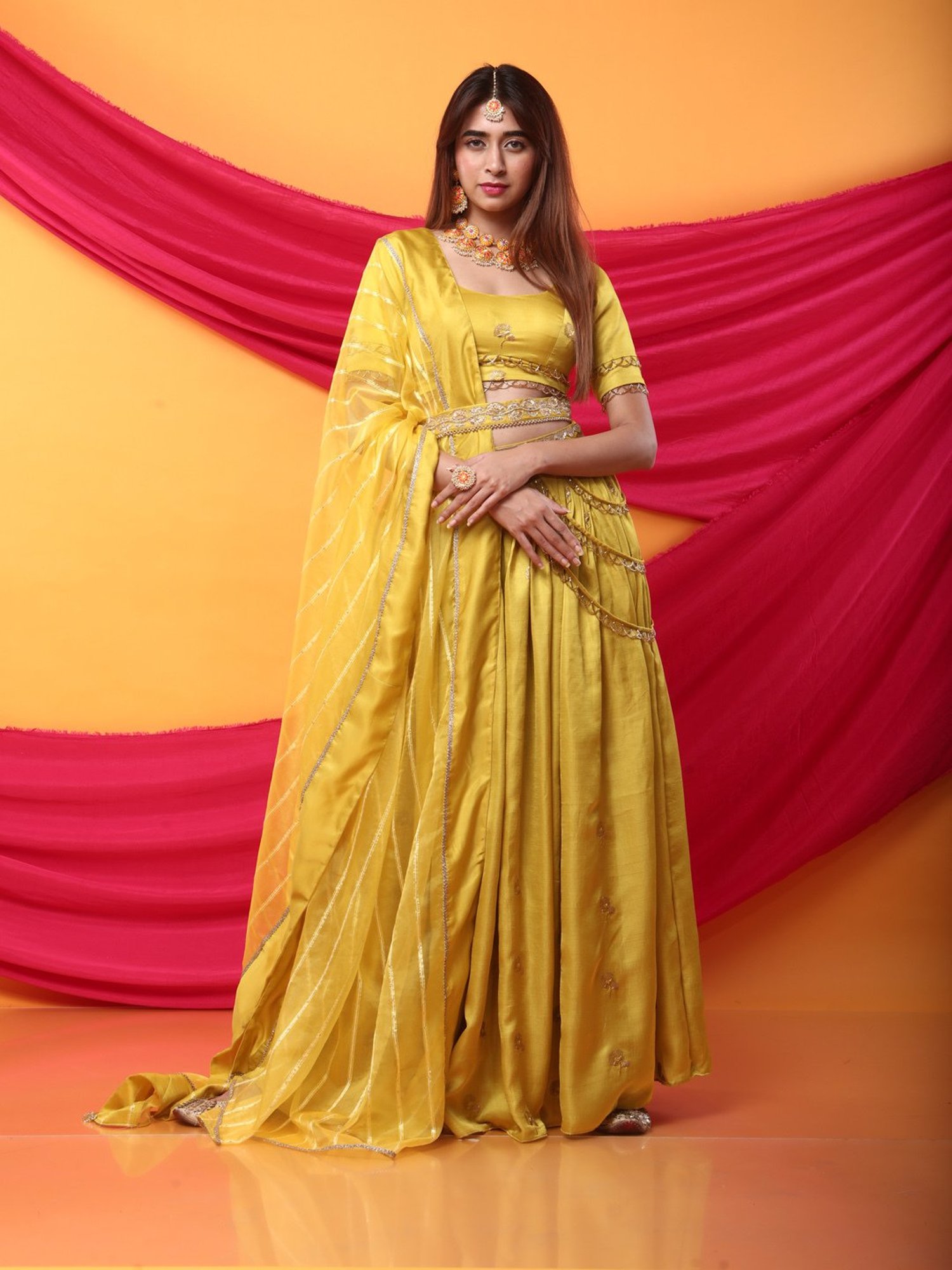 Monk & Mei Gulkari Lehenga Blouse Set-Canary Yellow
