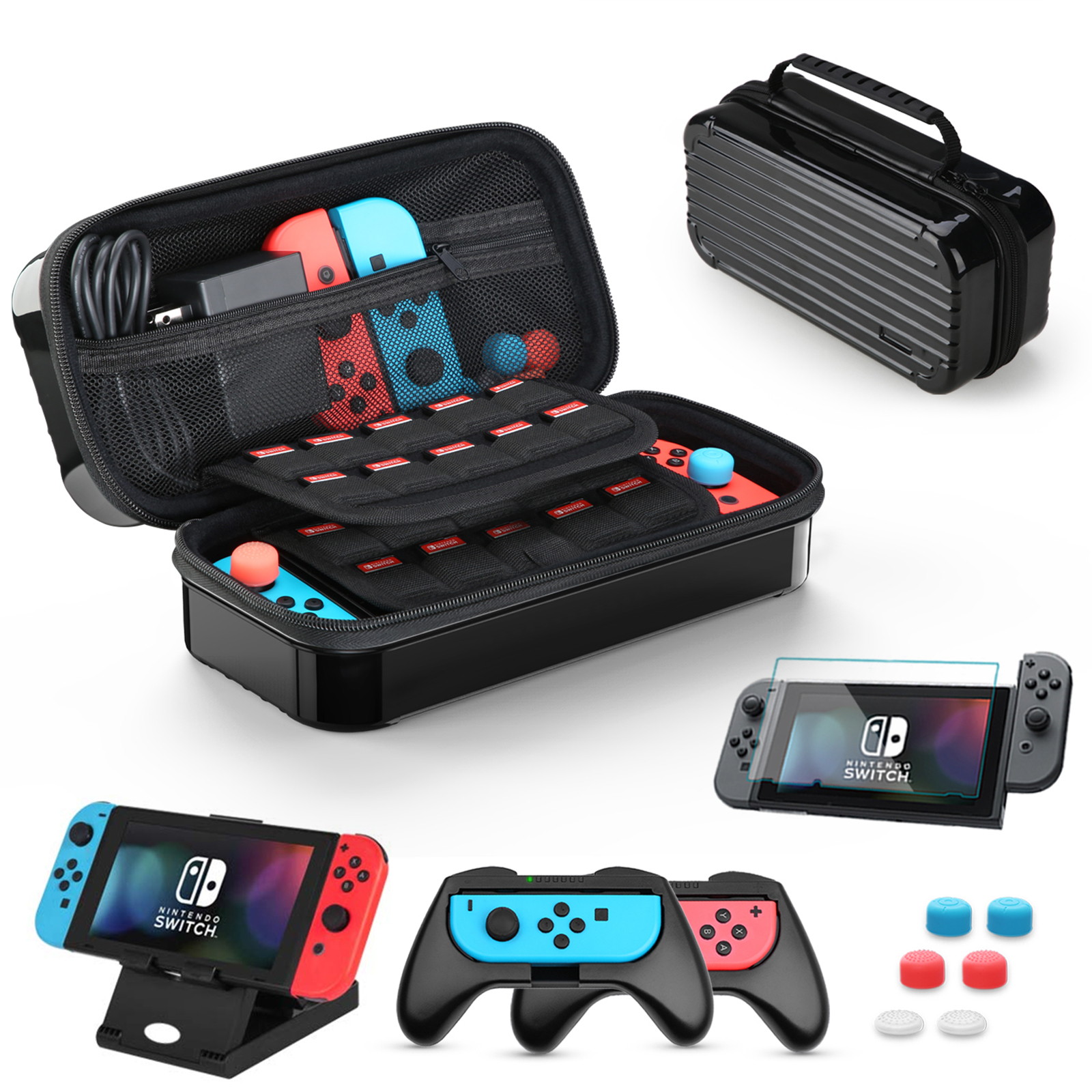 HEYSTOP Case Compatible with Nintendo Switch Carry Case Pouch Switch Cover Case 6 Joycon Grips and PlayStand for Nintendo Switch Screen Protector Thumb Grips Caps for Nintendo Switch Accessories
