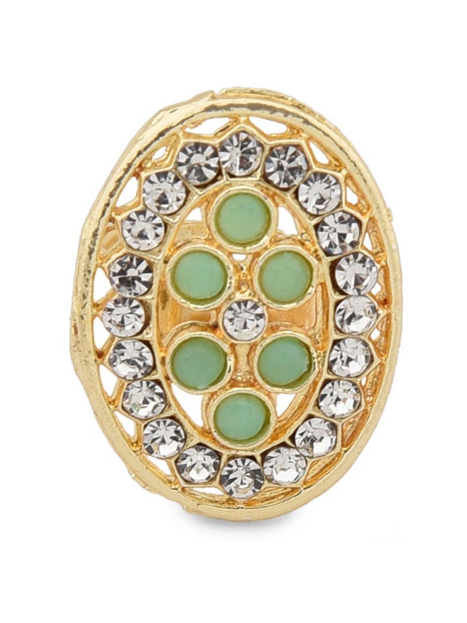 Zaveri Pearls Green Crystals Beaded Multistrand Kundan Necklace, Earring & Ring Set