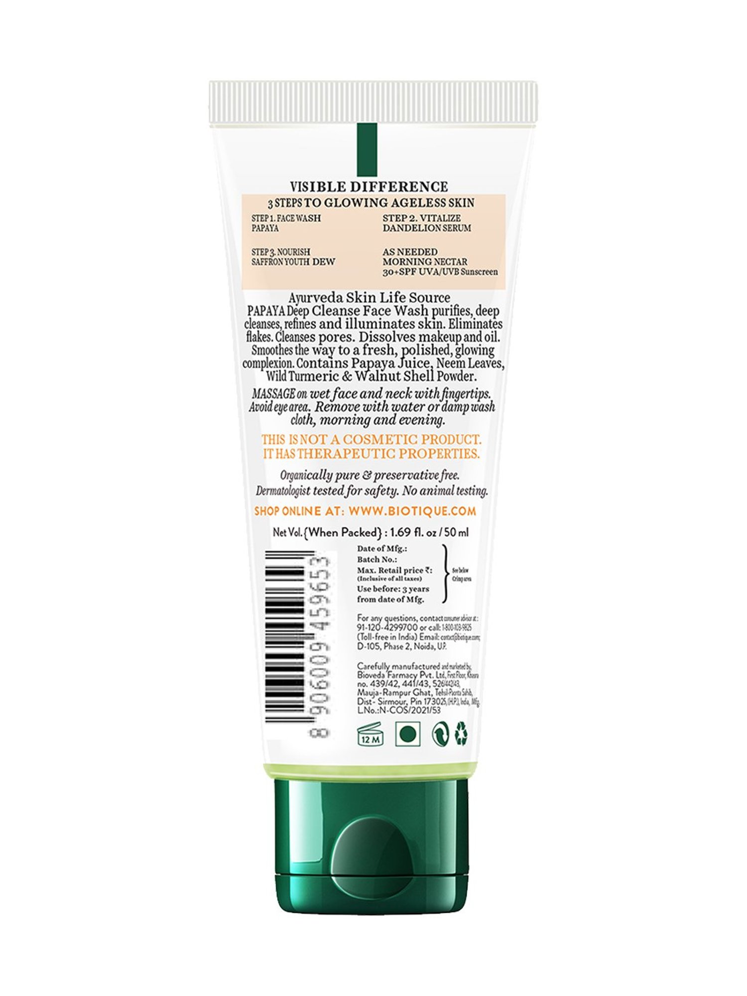 Biotique Papaya Deep Cleanse Tan Removal Face Wash - 50 ml