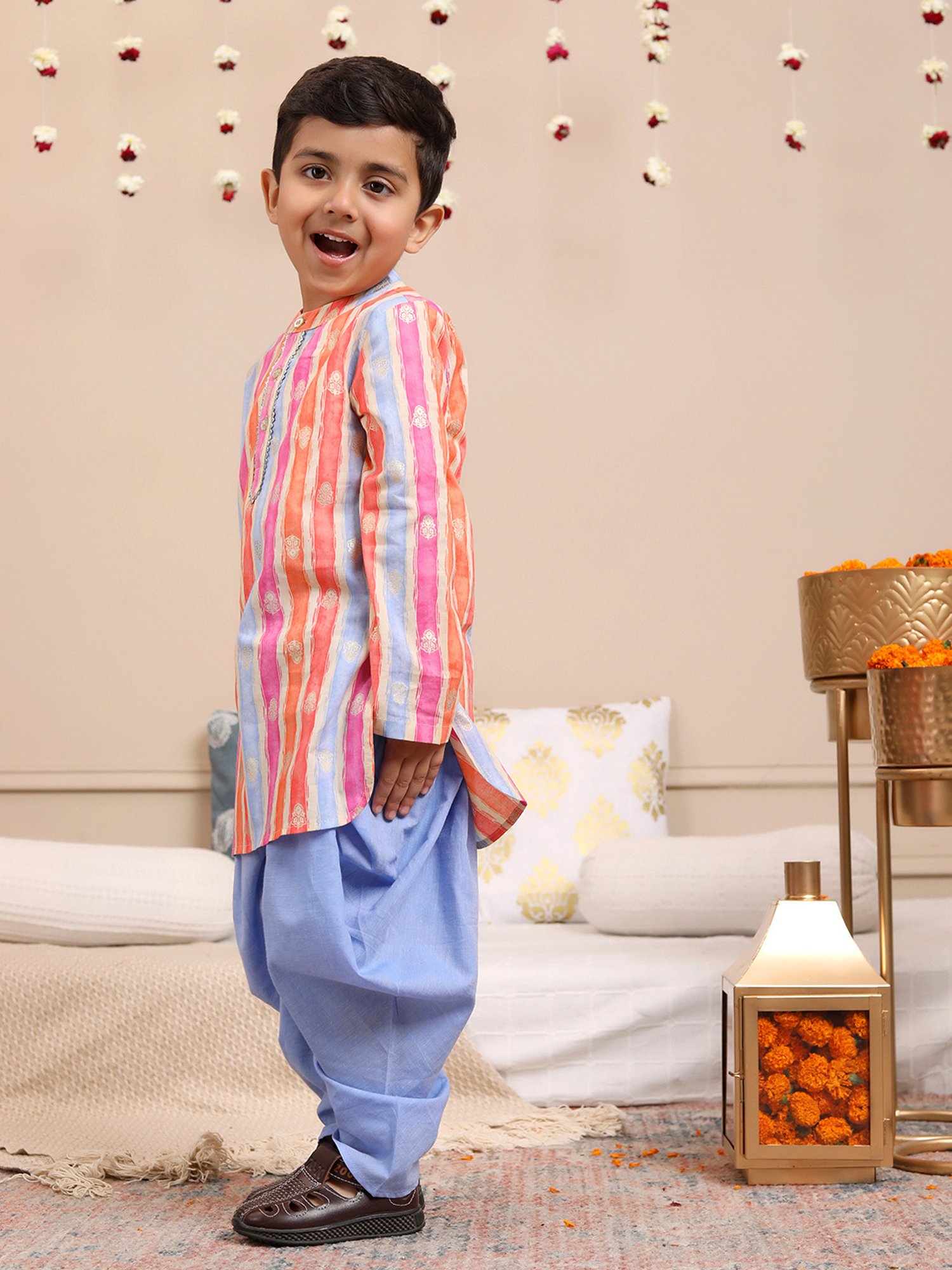 Budding Bees Boys Multicolor Striped Full Sleeves Kurta with Dhoti