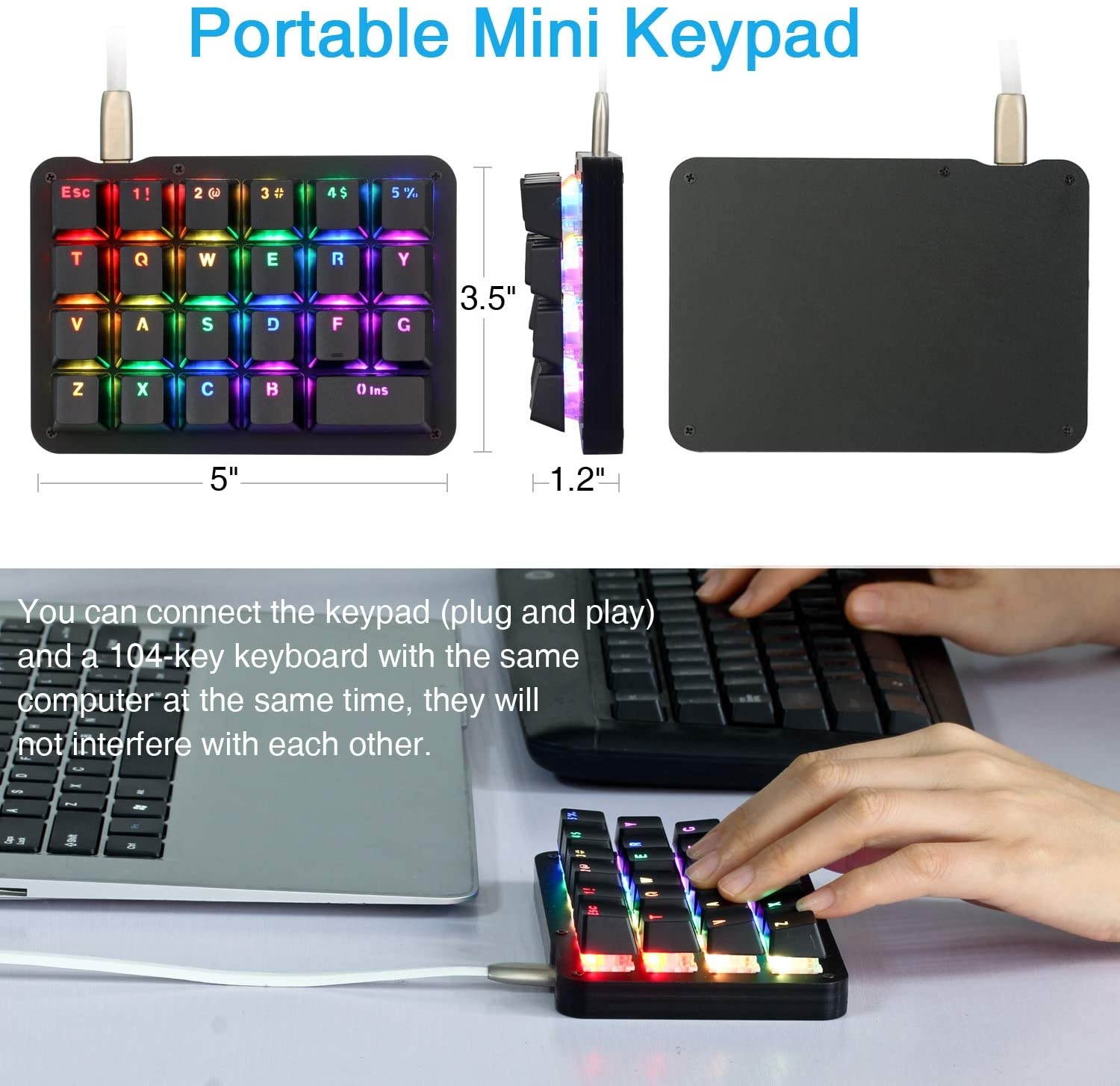 Koolertron One Handed Macro Mechanical Keyboard, RGB LED Backlit Portable Mini One-Handed Mechanical Gaming Keypad 23 Fully Programmable Keys Red Switches (RGB Backlit/Red switches)