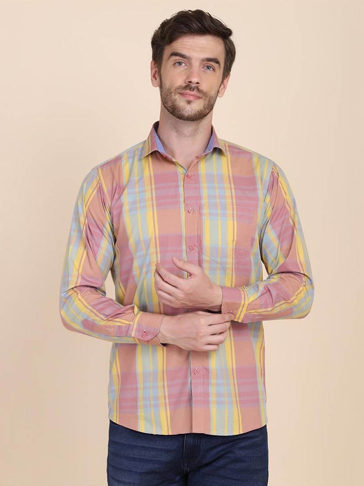 TAHVO Pink & Yellow Cotton Slim Fit Checks Shirt