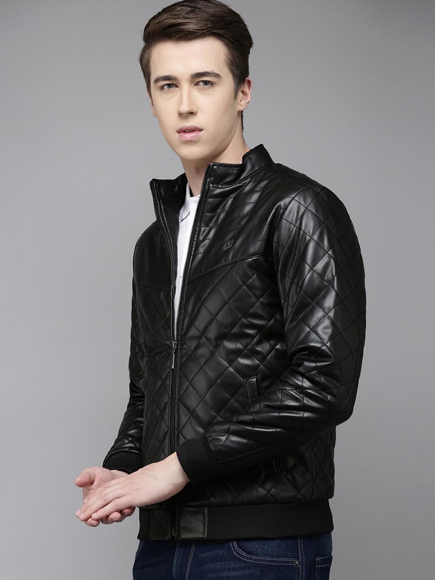 V Dot Black Slim Fit Quilted Jacket