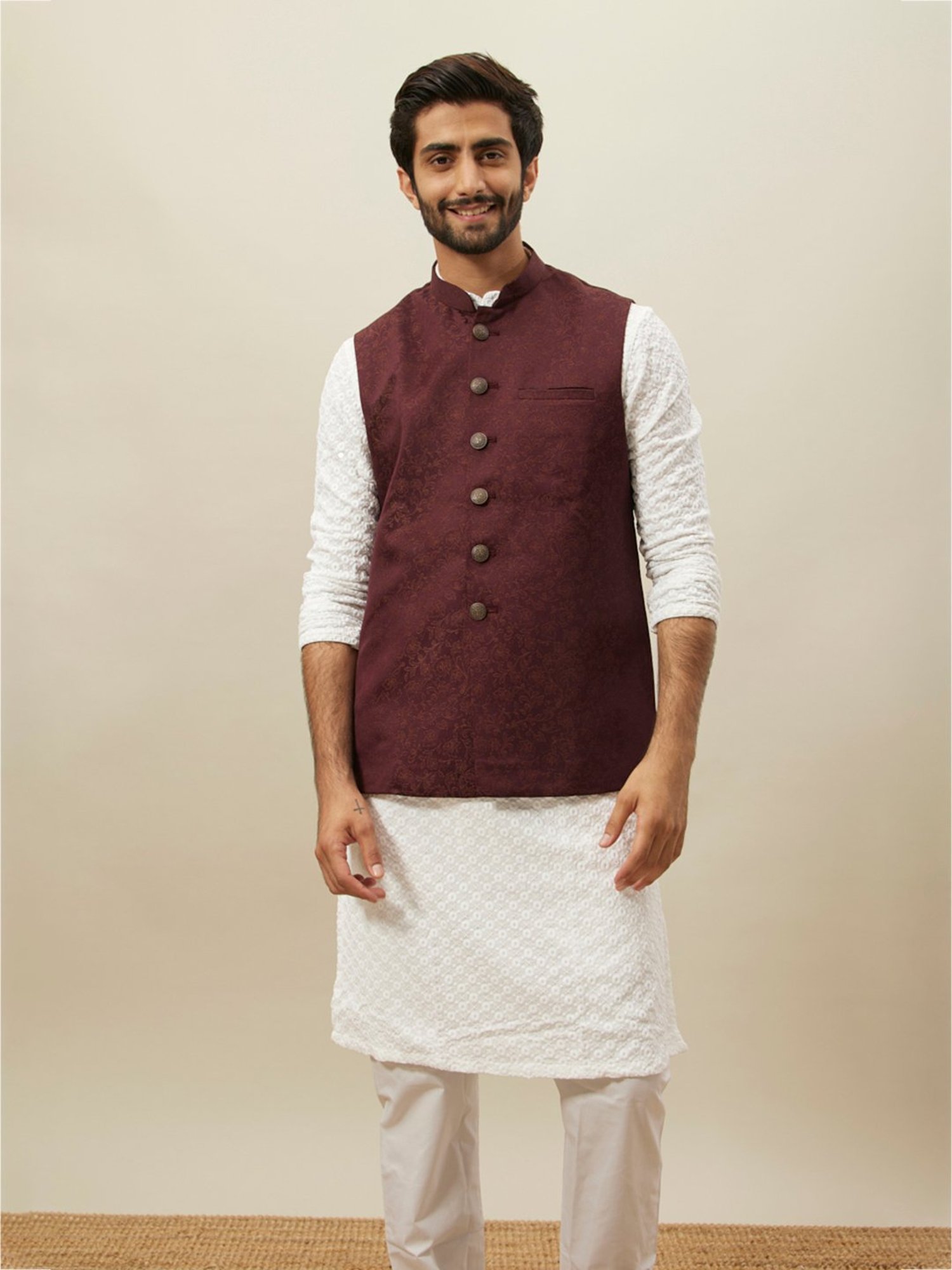 Manyavar Wine Regular Fit Printed Nehru Jacket