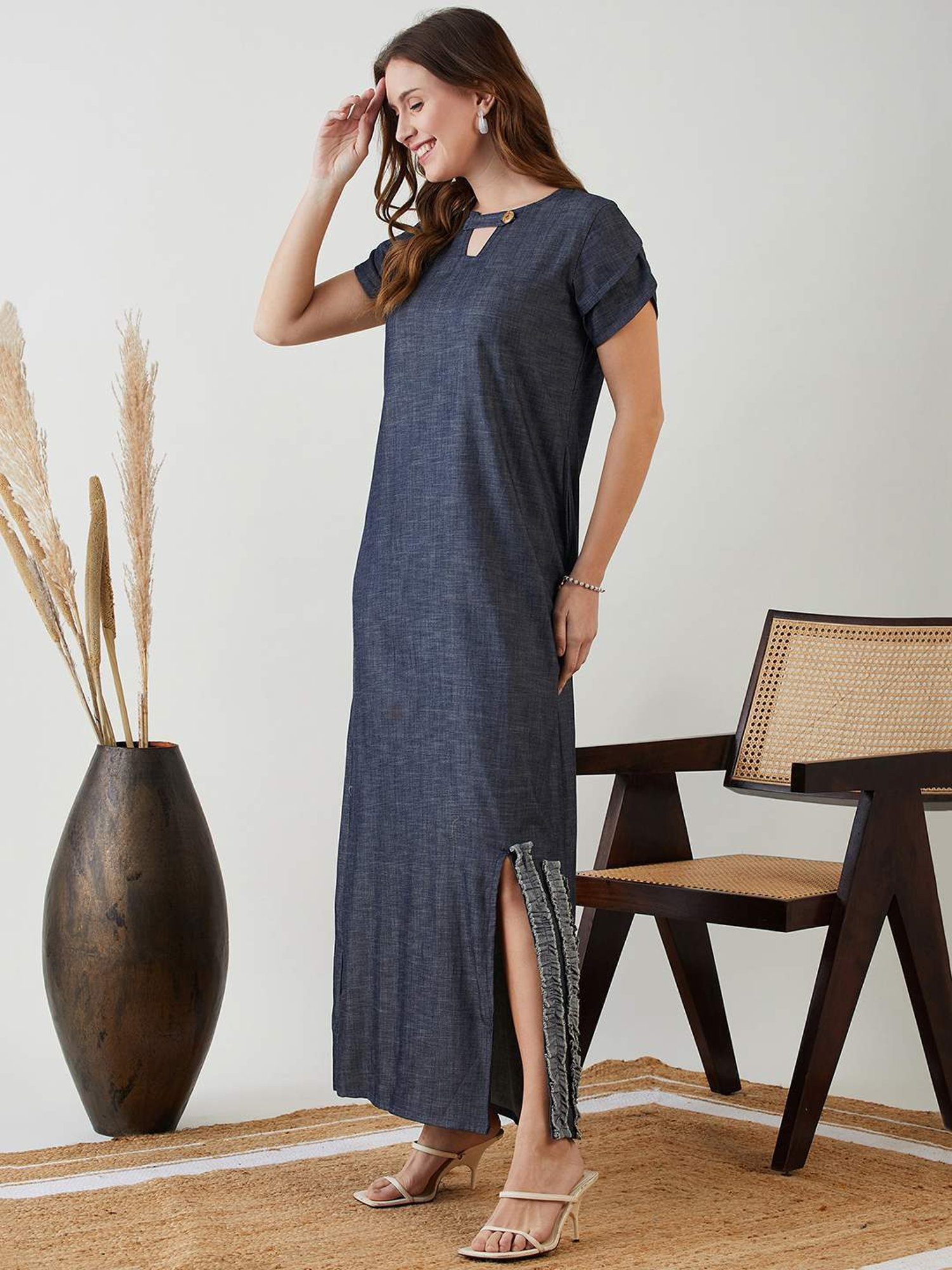 The Kaftan Company Navy Cotton Maxi Dress