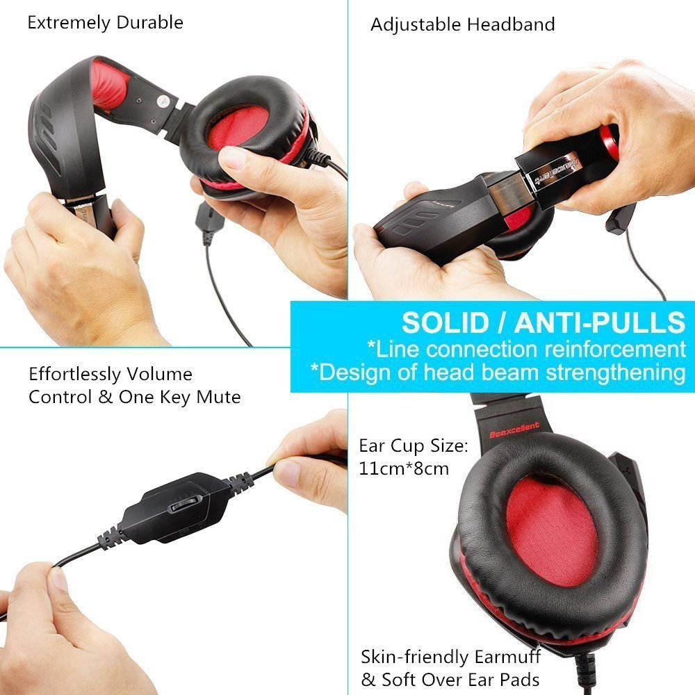 Beexcellent Gaming Headset, Bass Enhanced Headphone for Playstation PS4 PSP Xbox One Tablet iOS iPad Smartphone Free Adapter Cable for PC with Mic Noise Cancelling Black+Blue