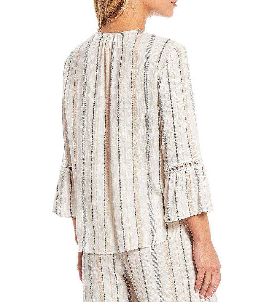 I.N. Studio Stripe Print Tie Notch Neck Crochet Inset Details 3/4 Bell Sleeve Button Front Peasant Coordinating Top