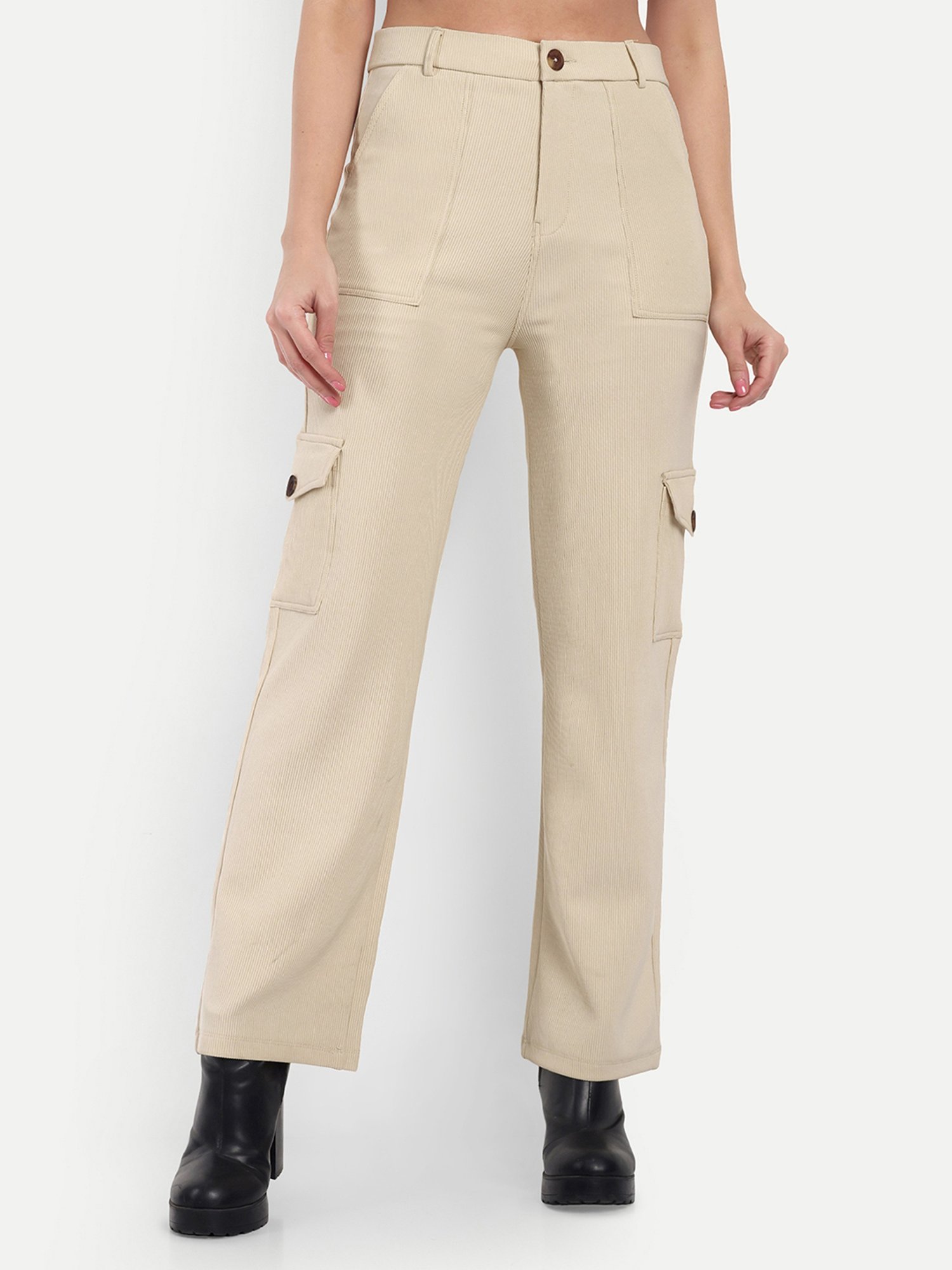 Broadstar Beige Straight Fit High Rise Cargo Pants