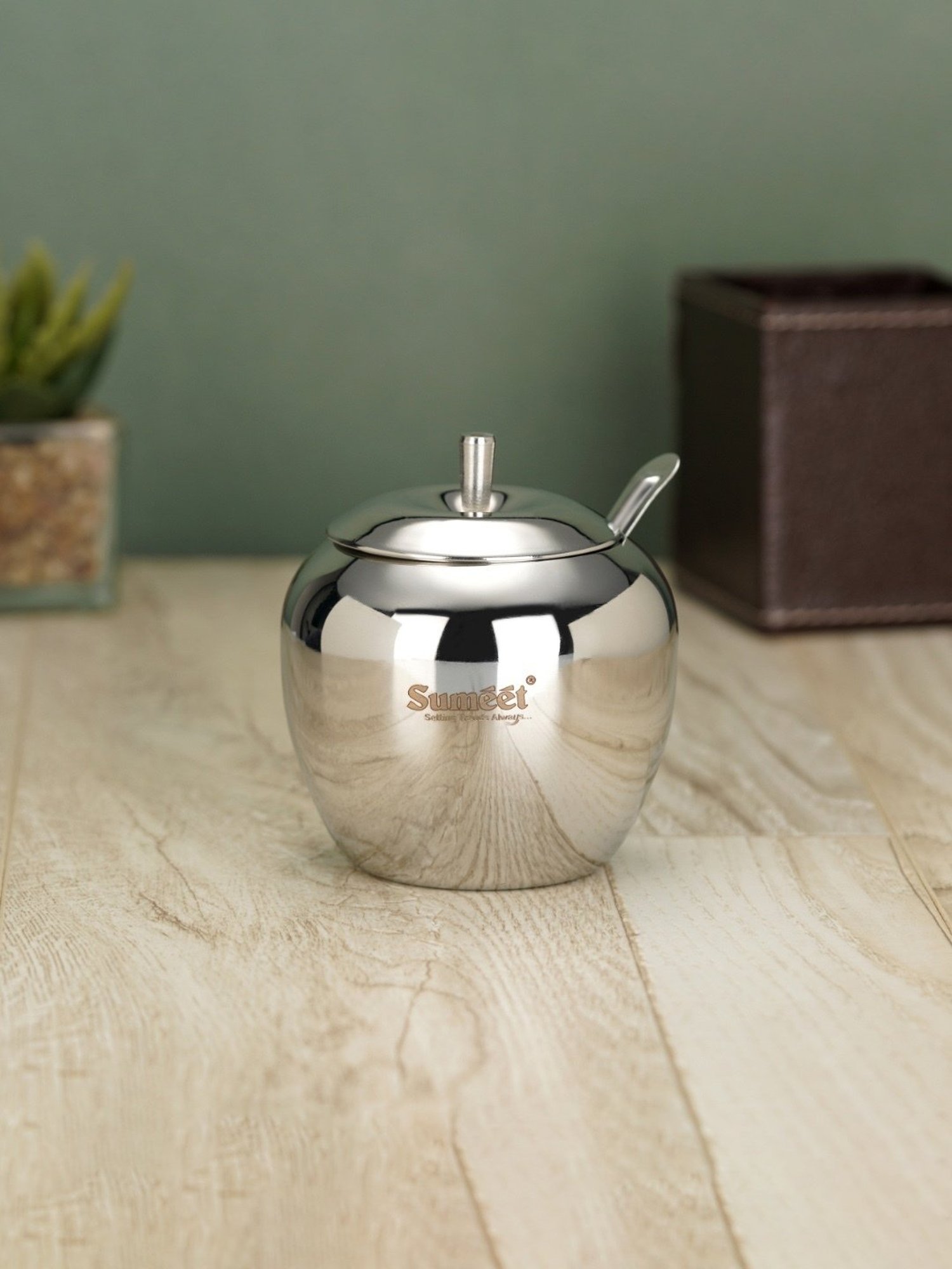 Sumeet S.S.Apple Shape Ghee & Oil Pot,Storage Container with Spoon for Kitchen,9cm,350ML-(Pack of 1)