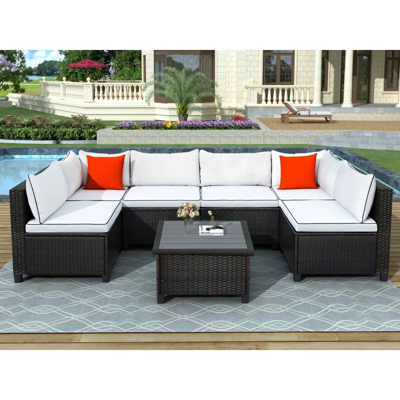 7pc Patio Rattan Wicker U-Shaped Sectional with Cushions & Pillows - Beige - Art Leon