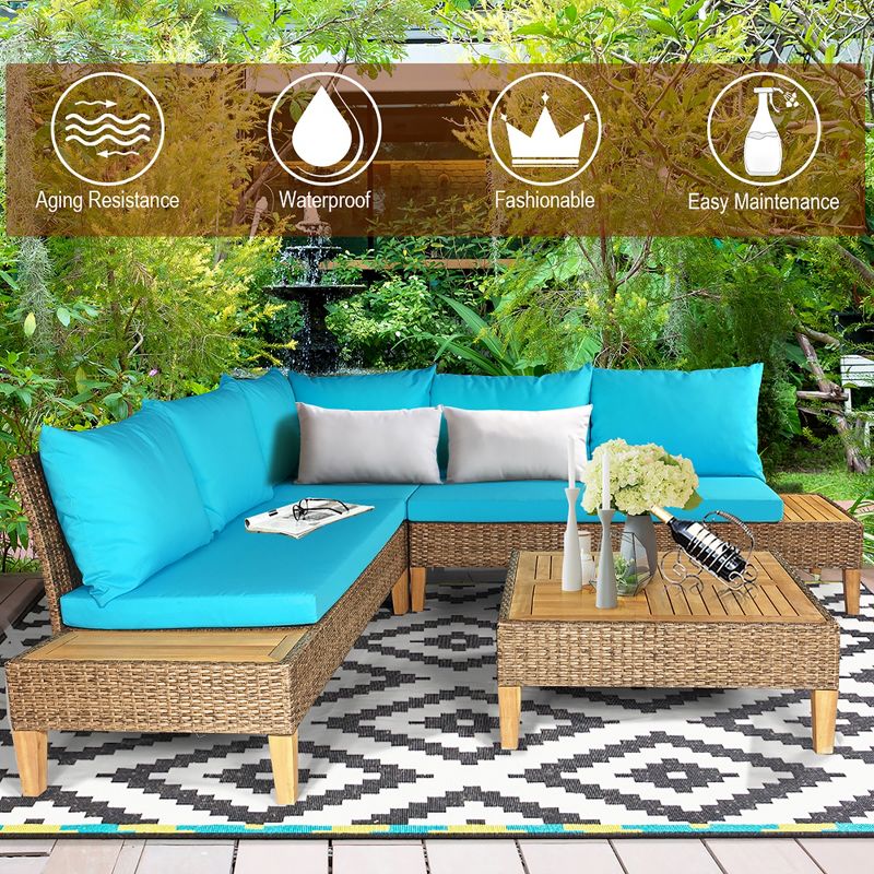 Costway 8PCS Patio Rattan Furniture Set Loveseat w/Wooden Side Table Cushioned Turquoise