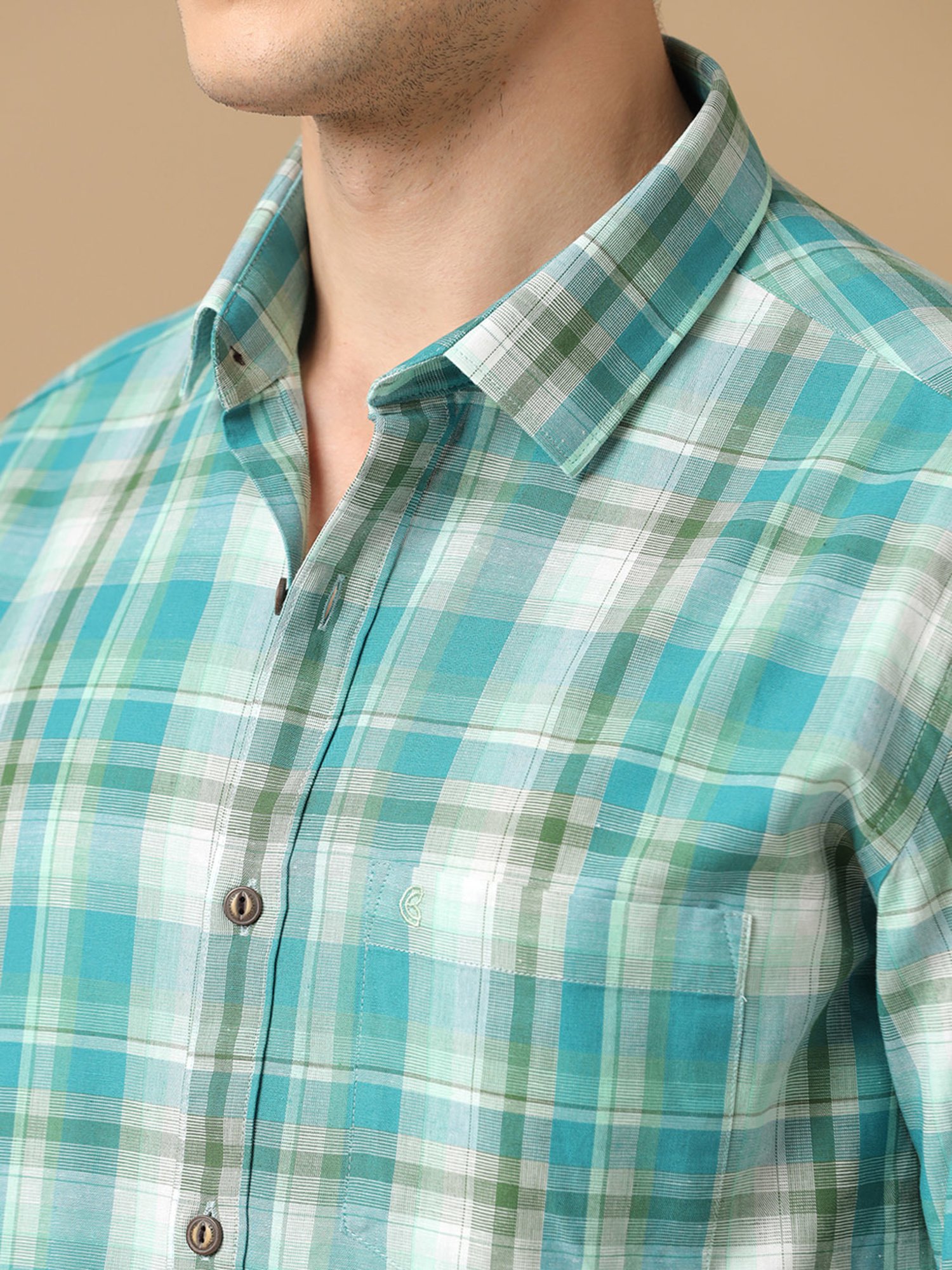 CAVALLO by Linen Club Green Contemporary Fit Check Shirt