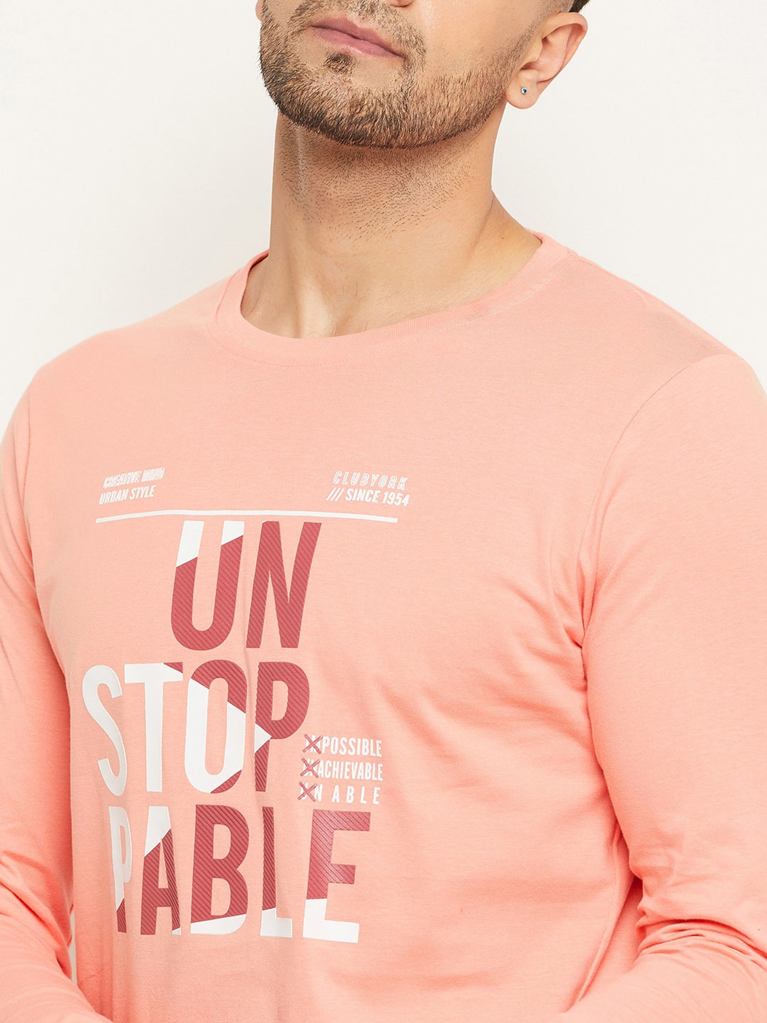 Club York Peach Regular Fit Printed Crew T-Shirt