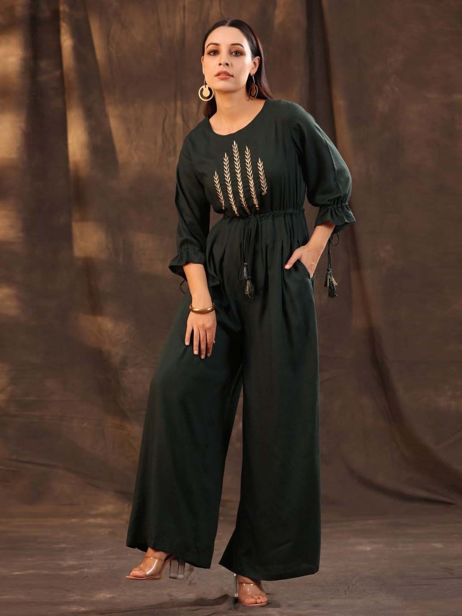 Juniper Jade Green Ethnic Motif Printed Rayon Slub Jumpsuit With Zari Work Embroidery