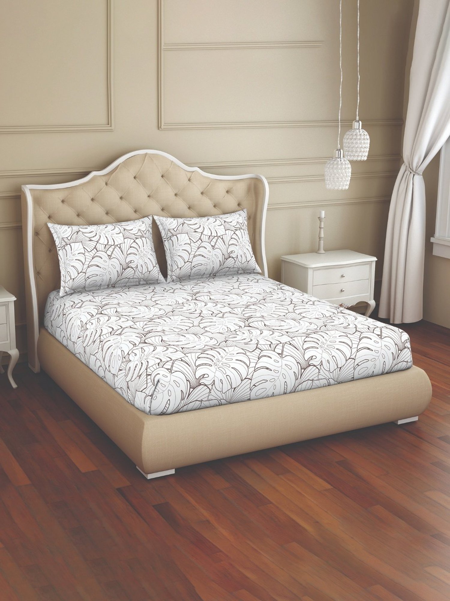 Welspun Printed Beige Cotton Double Bedsheet with 2 Pillow Covers