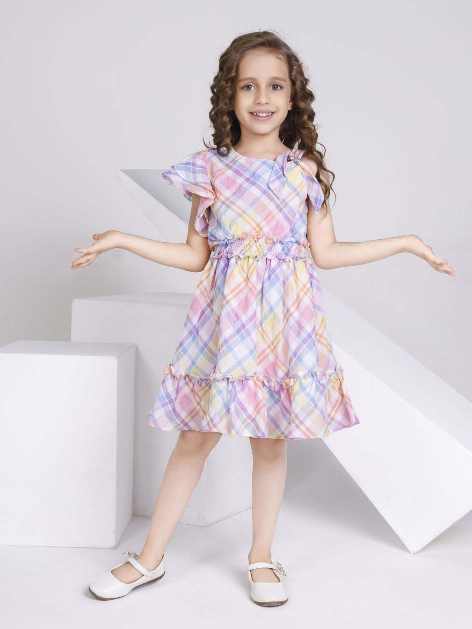 Peppermint Girls Multicolor Cotton Checks Dress