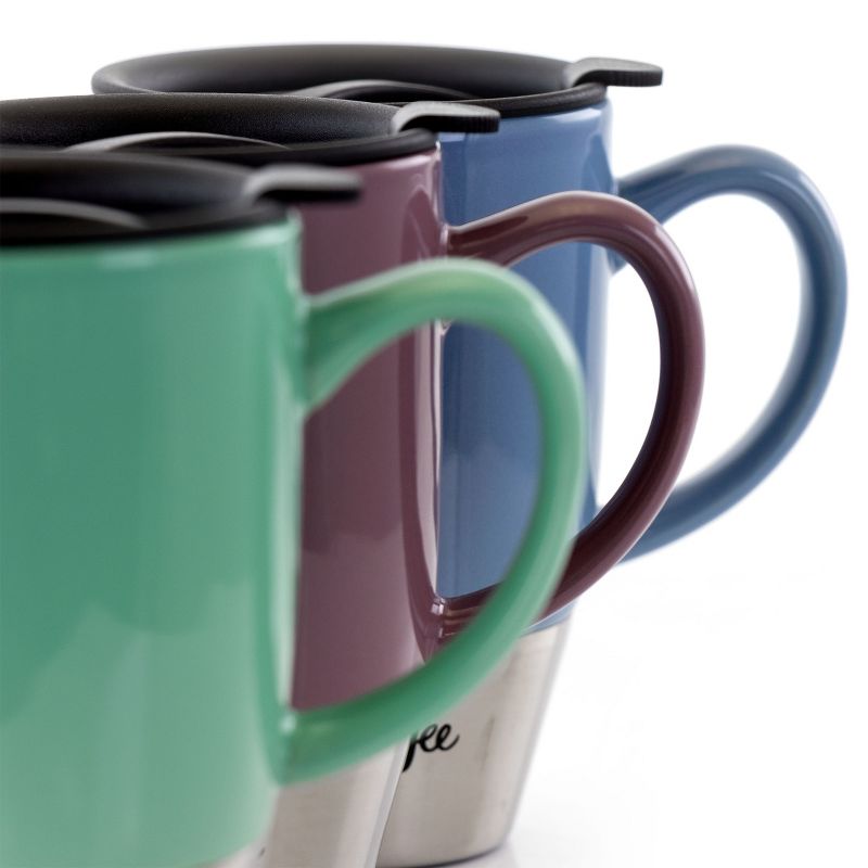 Mr. Coffee Couplet Pastel 3 Piece 15 Ounce Stoneware and Stainless Steel Travel Cups